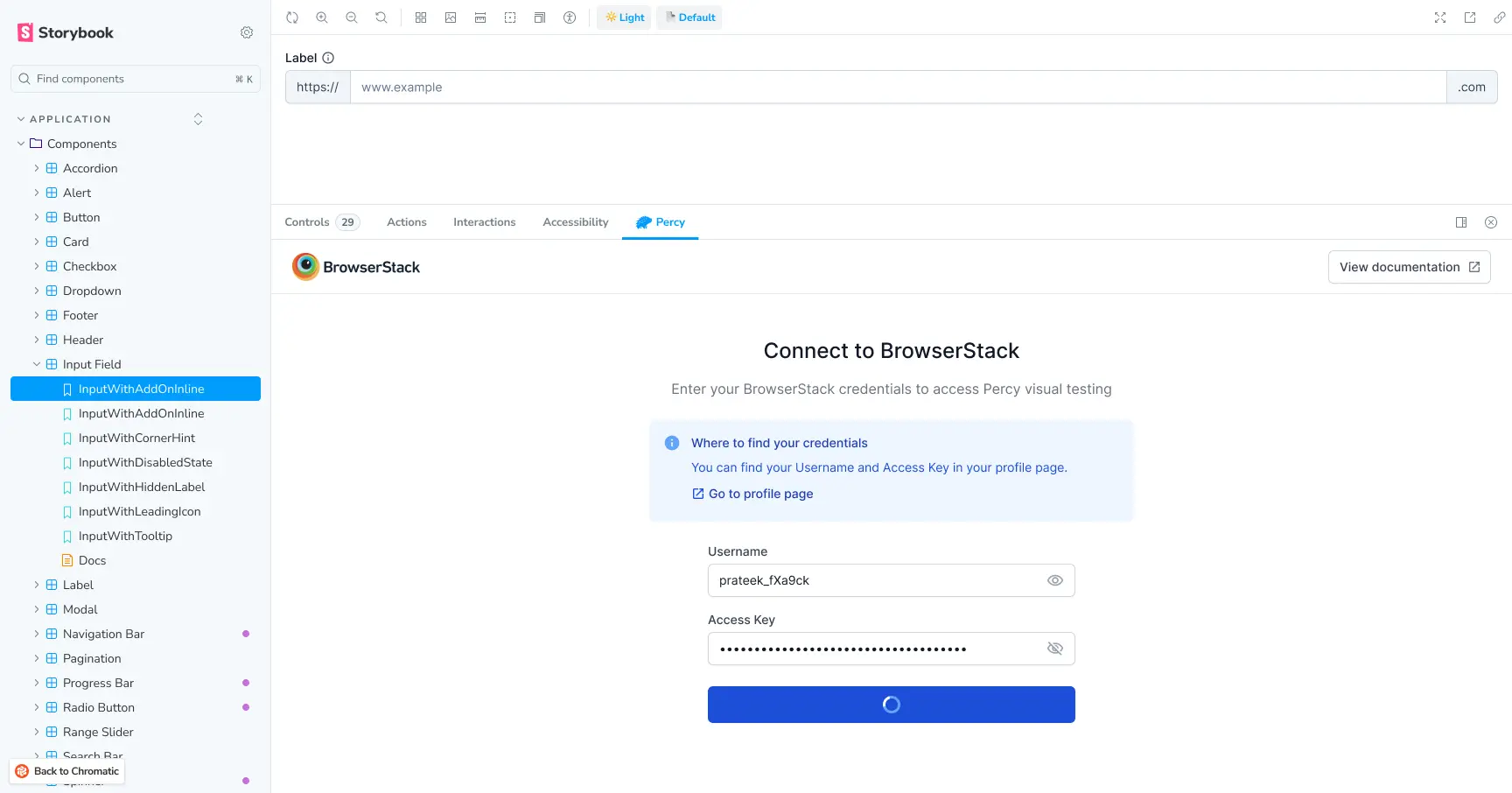 The **Connect to BrowserStack** dialog with the **Authenticate** button.