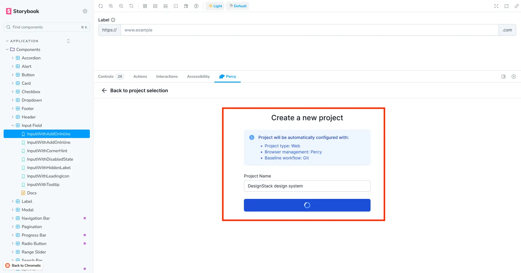 New project dialog with default Percy settings for project type, browser management, and baseline workflow.