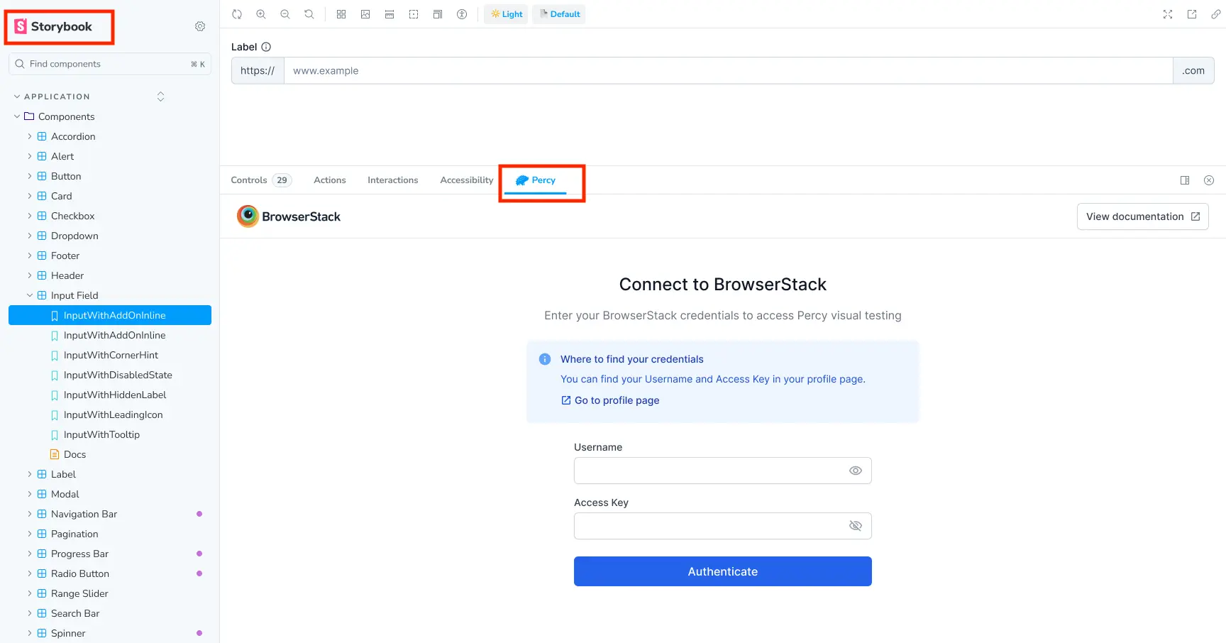 Percy tab in the Storybook interface