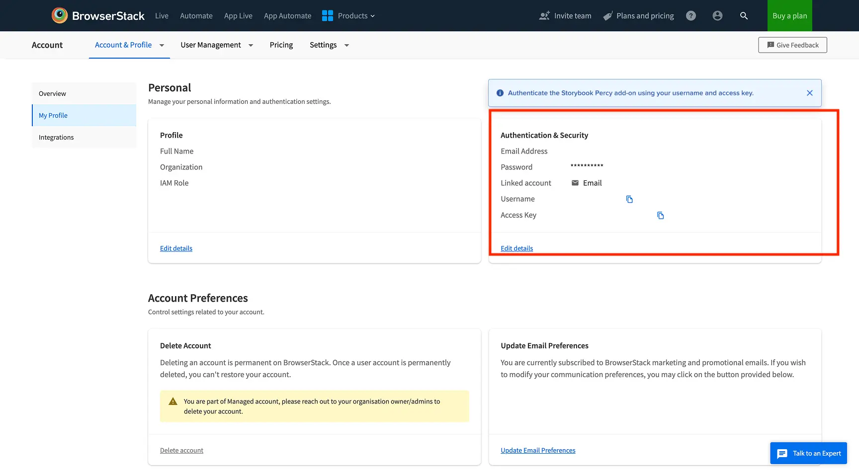 The BrowserStack profile page showing the username and access key
