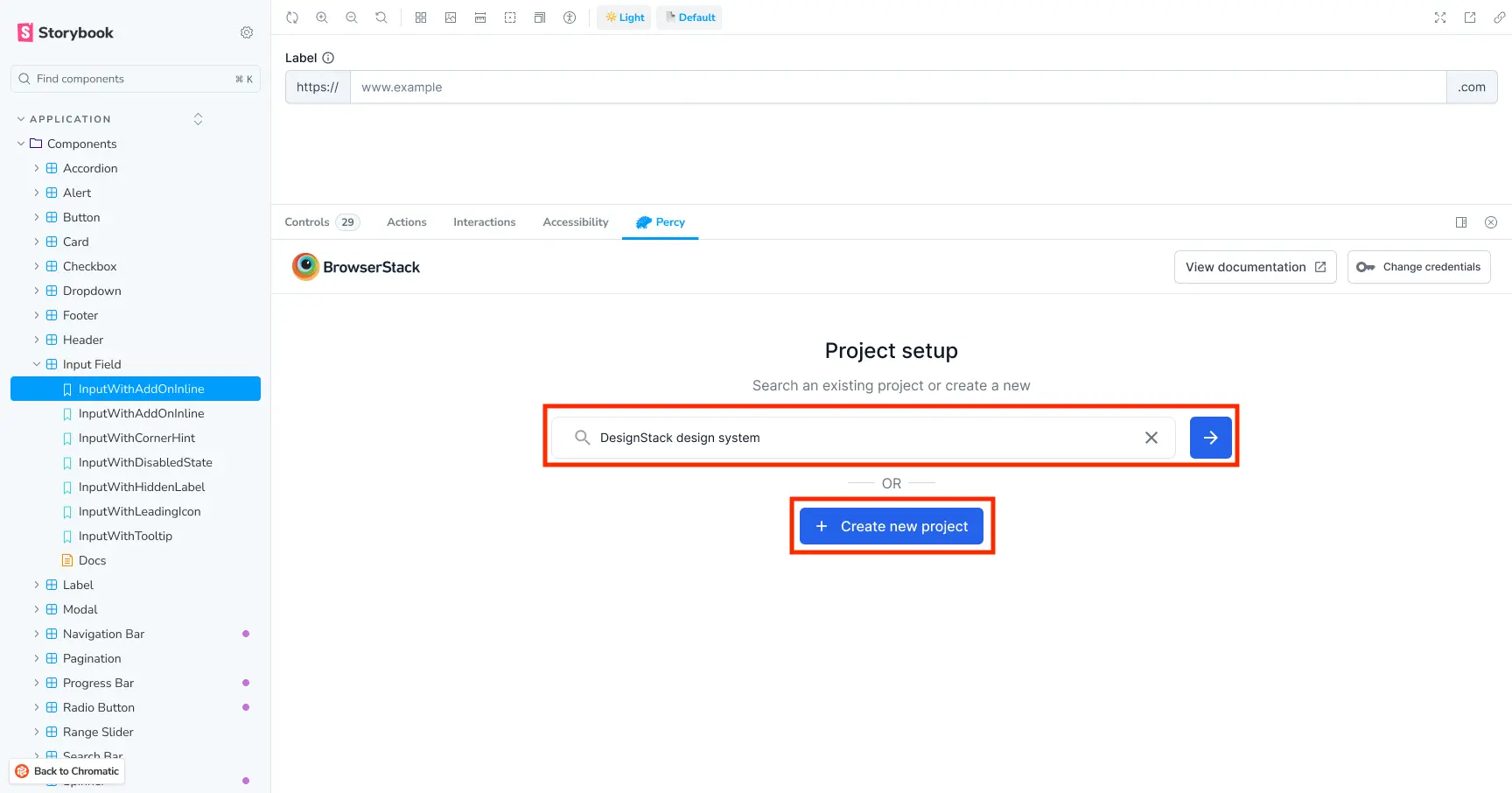Percy project search and create UI in the Storybook **Percy** tab.