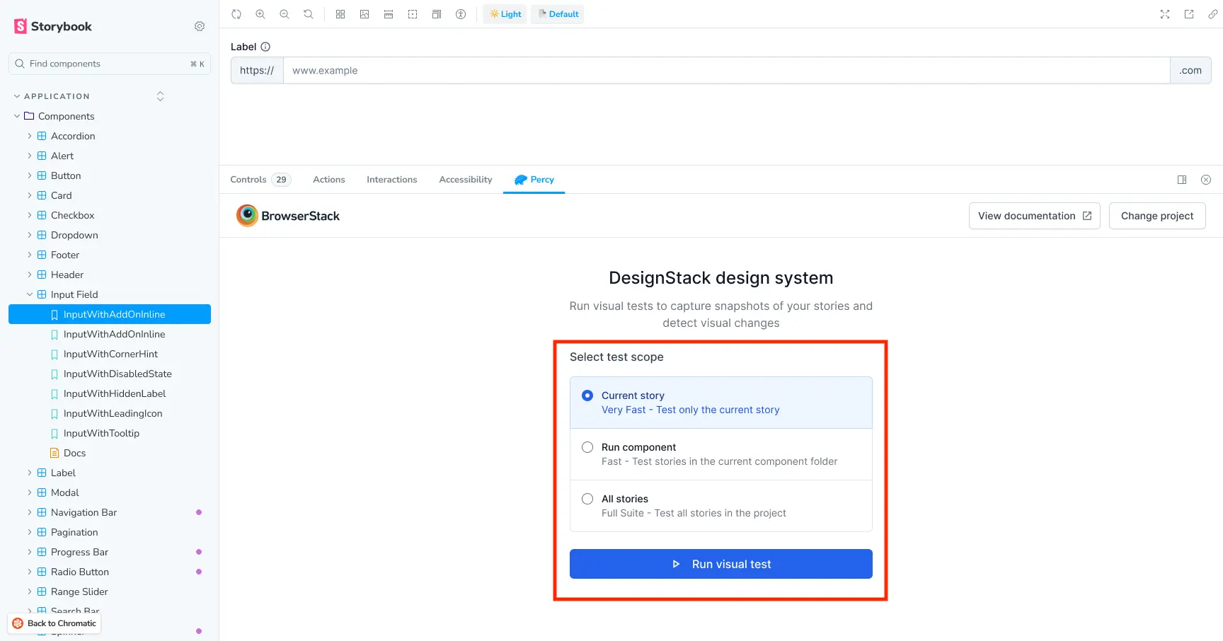 Selecting a test scope and clicking **Run visual test** in the Storybook **Percy** tab.