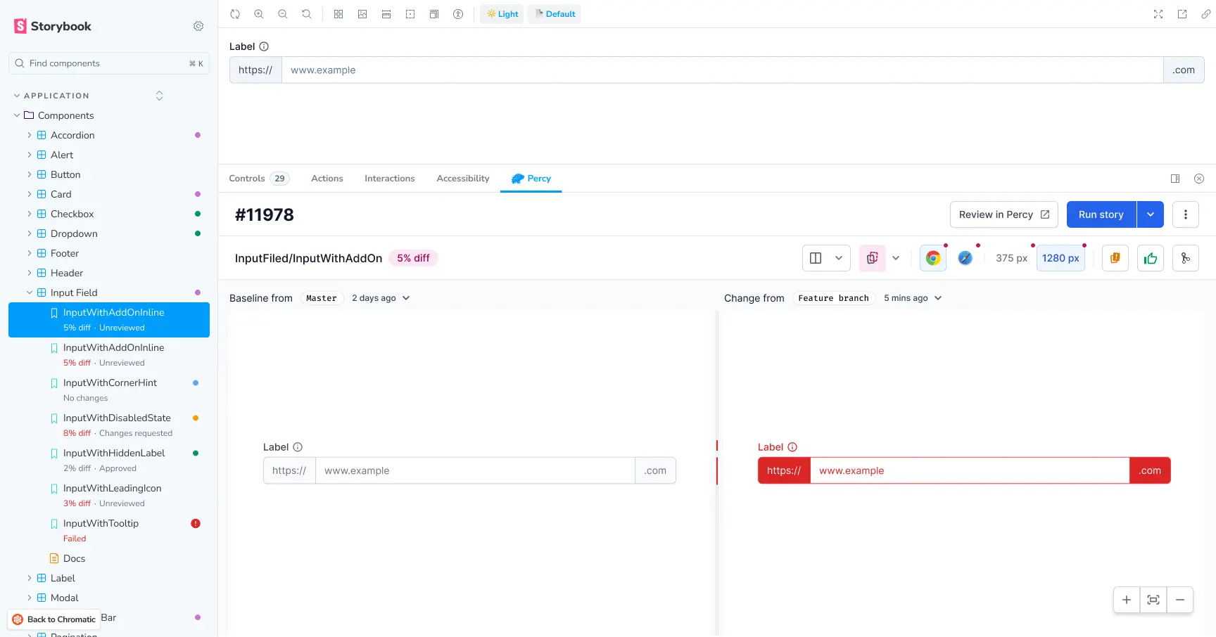 Percy build review UI showing snapshots list, browser switcher, viewport controls, and approve actions