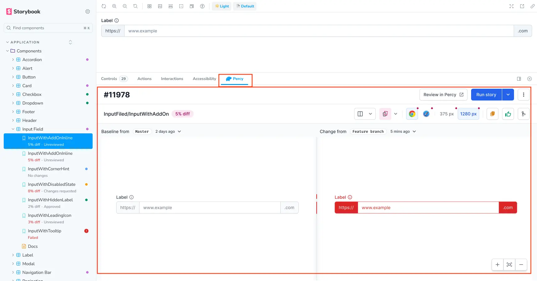 The Percy Storybook addon option on Storybook interface