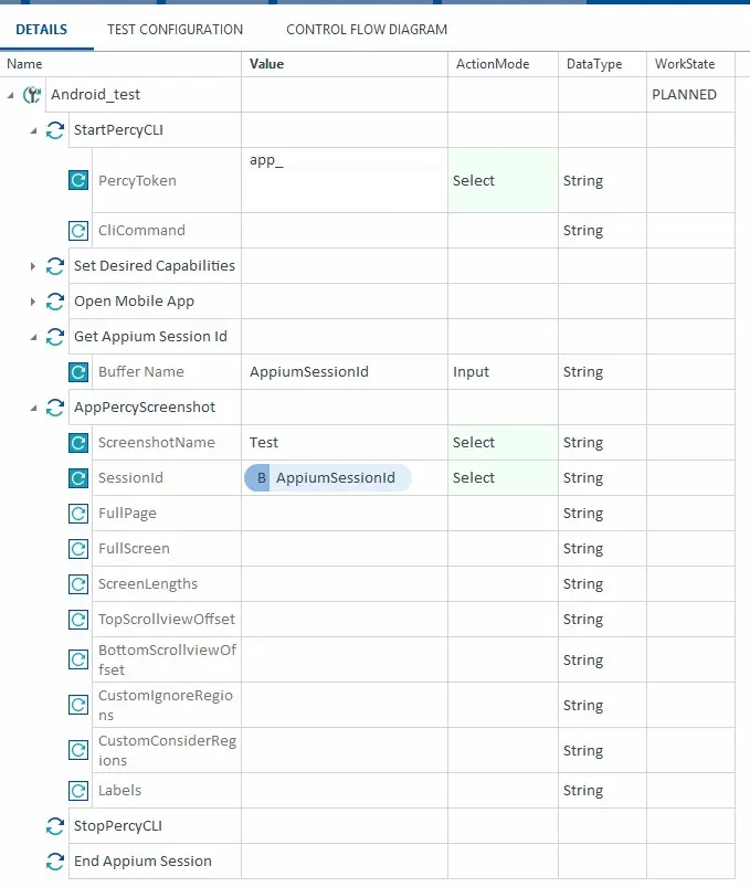 A Tosca test case with StartPercyCLI, Get Appium Session Id writing to a buffer, AppPercyScreenshot referencing it, and StopPercyCLI
