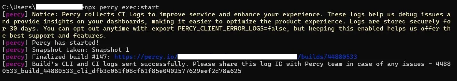 Screenshot showing a Percy build link
