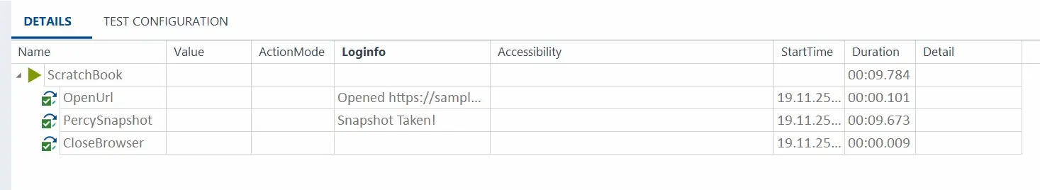 Screenshot showing a Percy visual test successfully executed within a Tosca project
