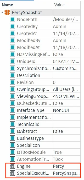 Screenshot showing Percy added in the Engine field and PercySnapshot added in SpecialExecutionTask in the newly created module