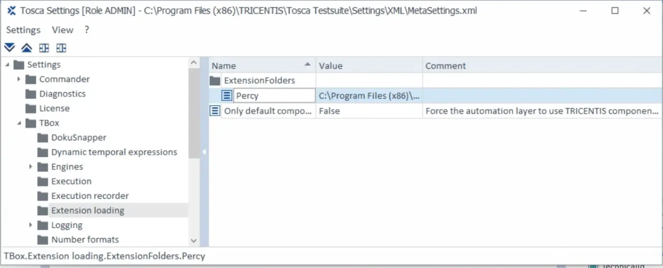 Screenshot showing the Extensions field location in Tosca Commander project settings