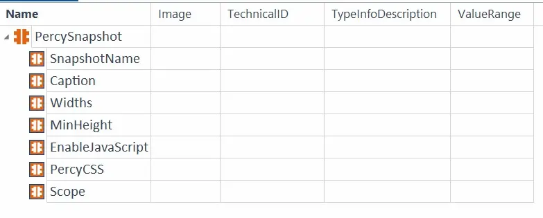 Screenshot displaying the PercySnapshot method configured in Tosca Commander module settings