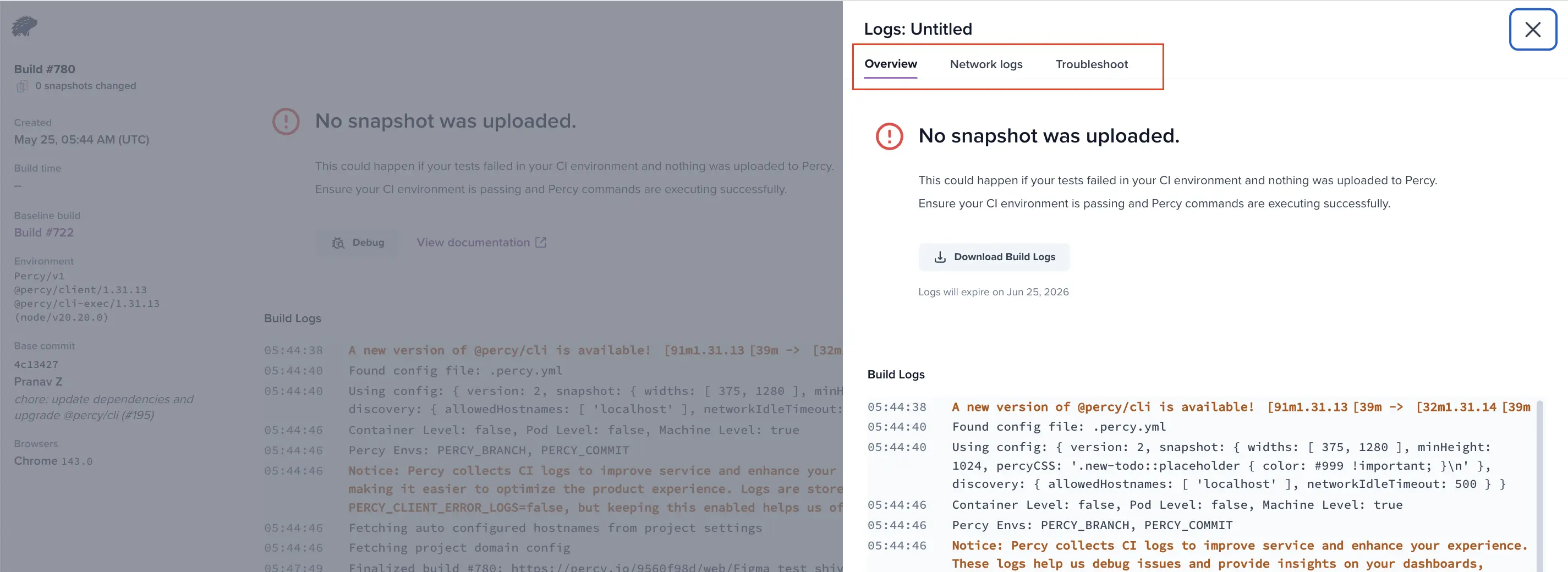 The smart debug panel open on the Overview tab, showing the failure summary and tab navigation.