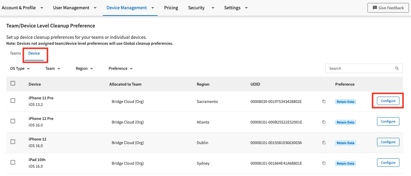 Device cleanup configuration