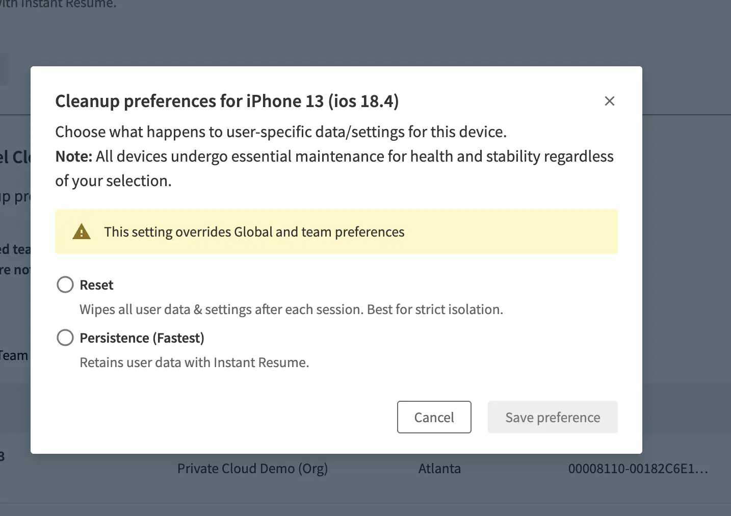 Cleanup preferences dialog for a device showing Reset and Persistence (Fastest) options