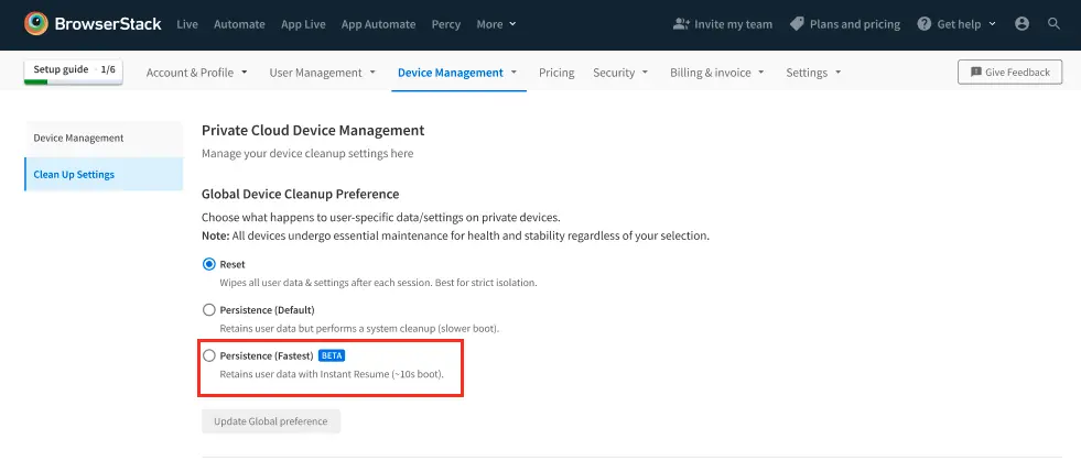 Screenshot showing the three cleanup preferences: Reset, Persistence (Default), and Persistence [BETA] options in the device cleanup settings interface