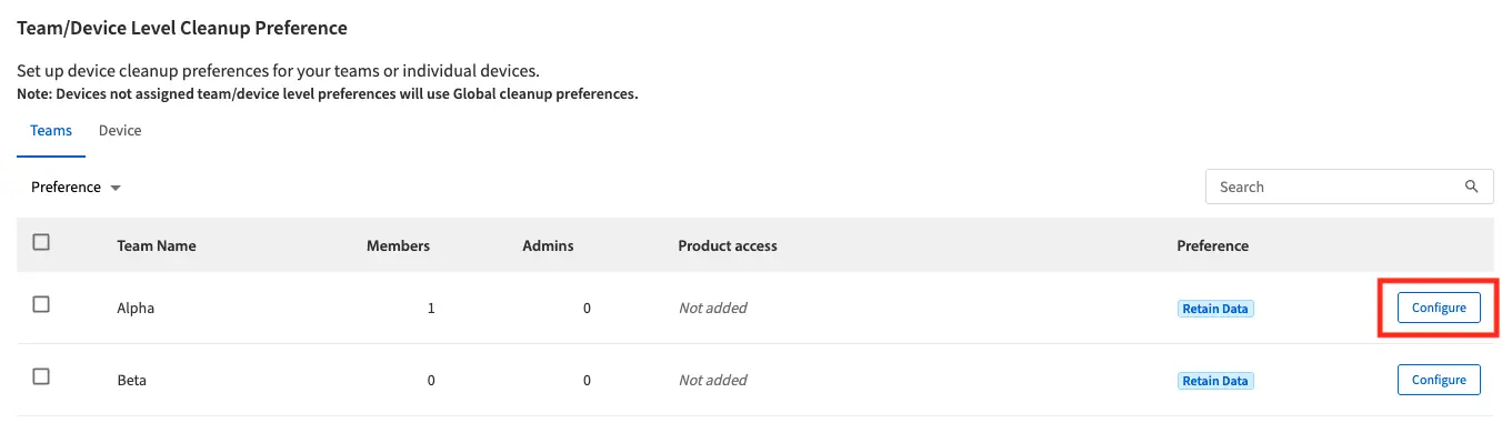 Team cleanup configuration