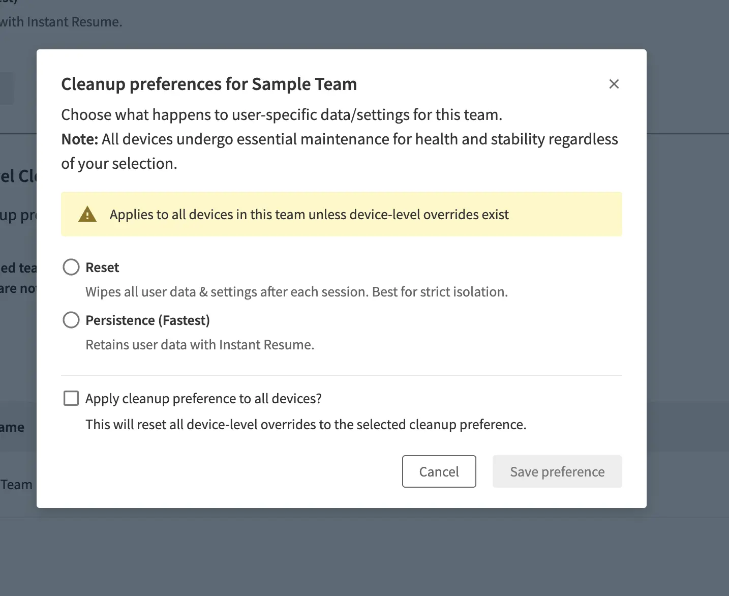 Cleanup preferences dialog for a team showing Reset and Persistence (Fastest) options with an apply-to-all-devices checkbox