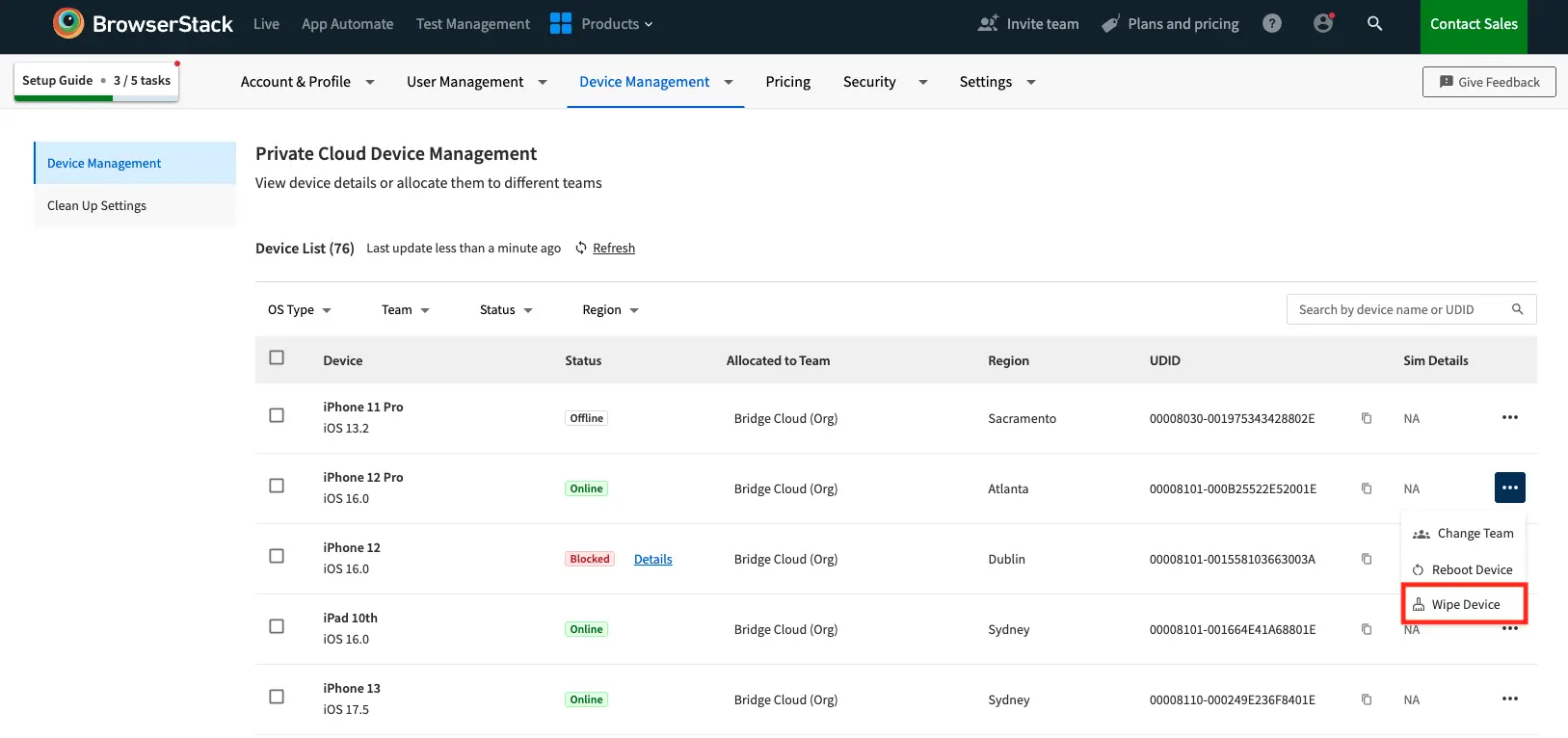 Wipe device on demand cleanup