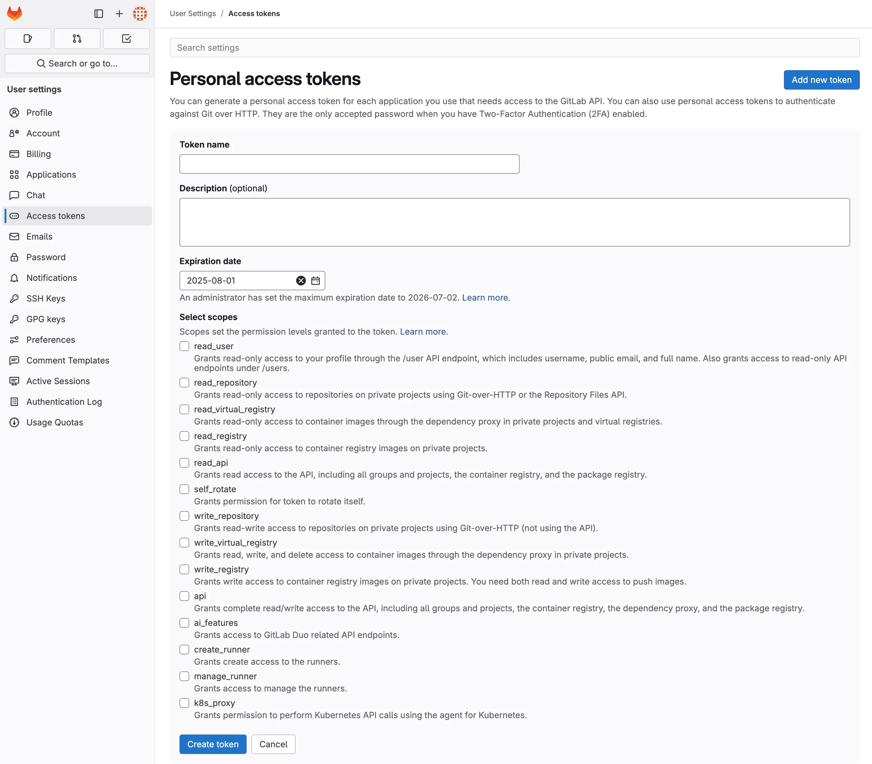 Create GitLab PAT token