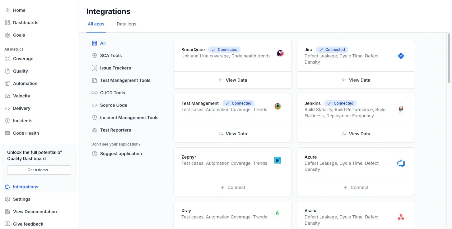 Click integrations tab on the left navigation bar