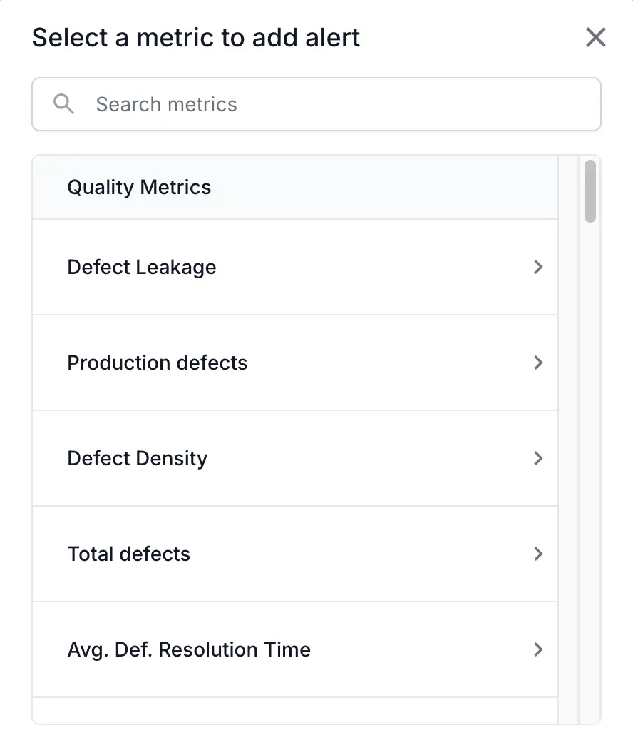 Select a metric from the list in select a metric to add alert dialog