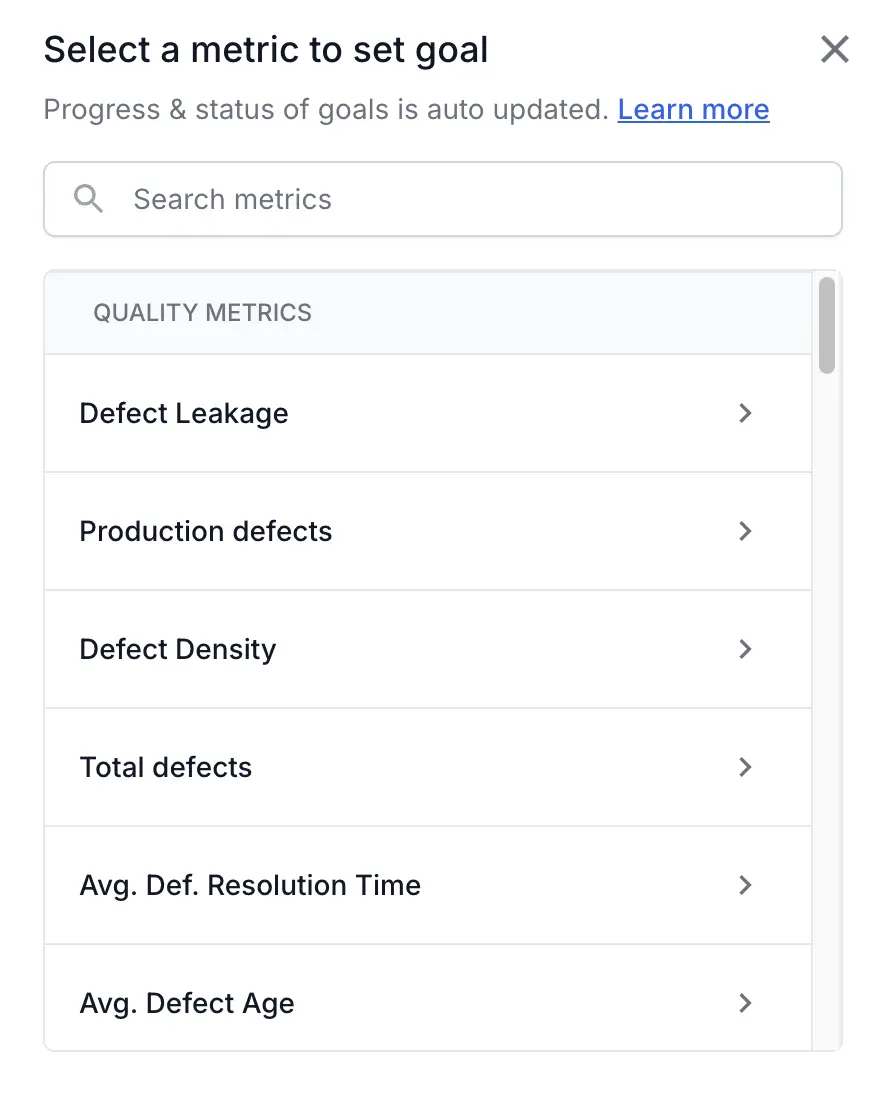 Select a metric from the list in select the metric for the goal dialog