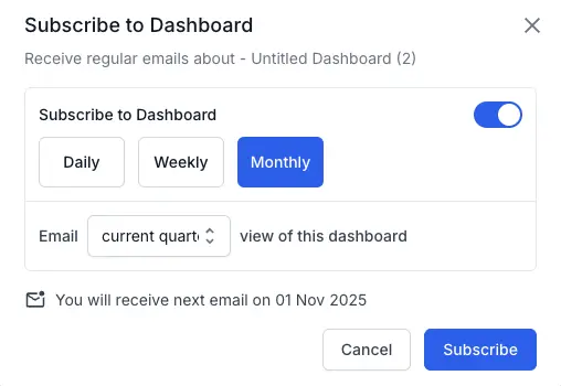 Configure subscribe to dashboard dialog