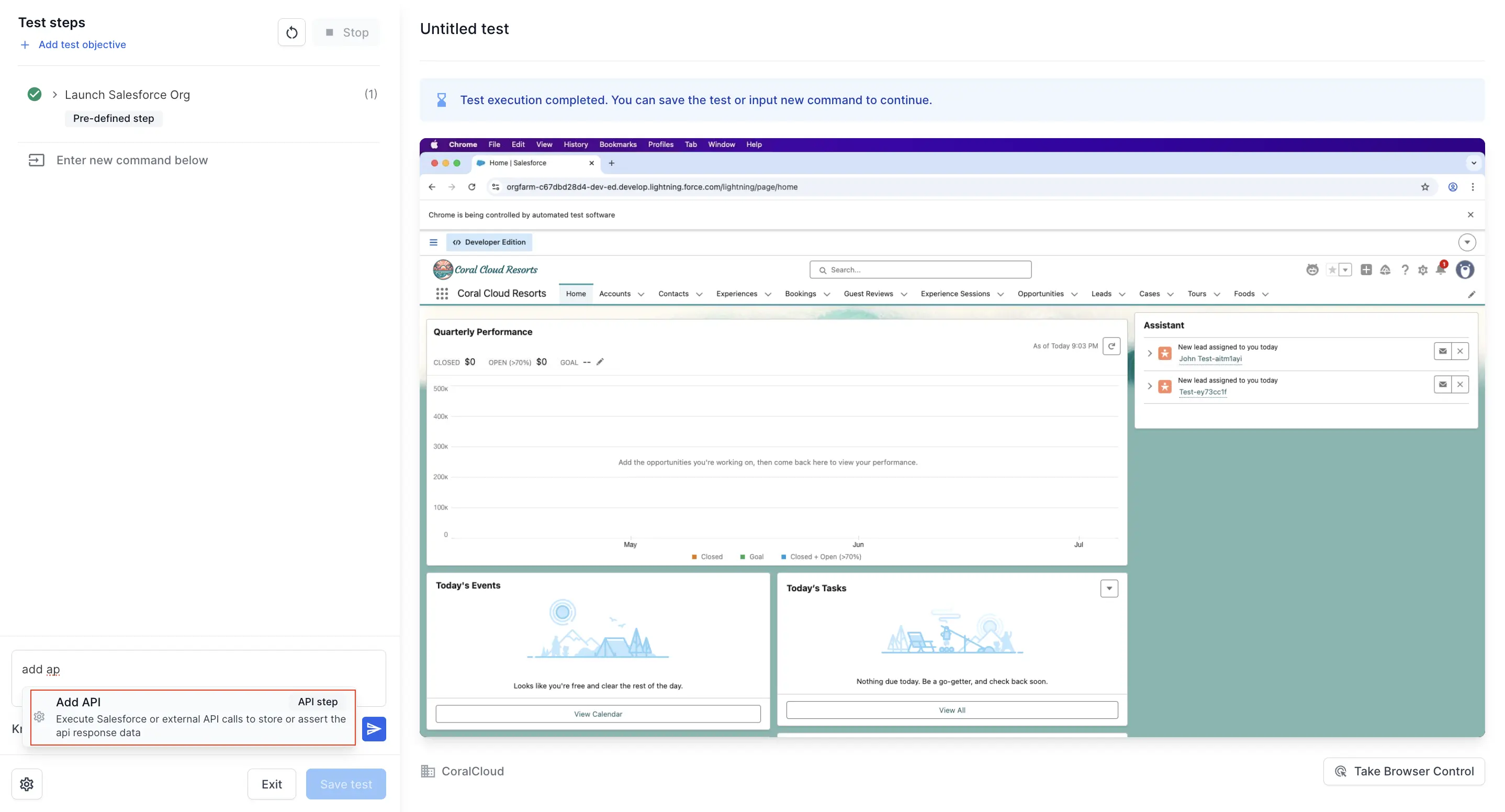 The test editor showing Add API option in the actions menu