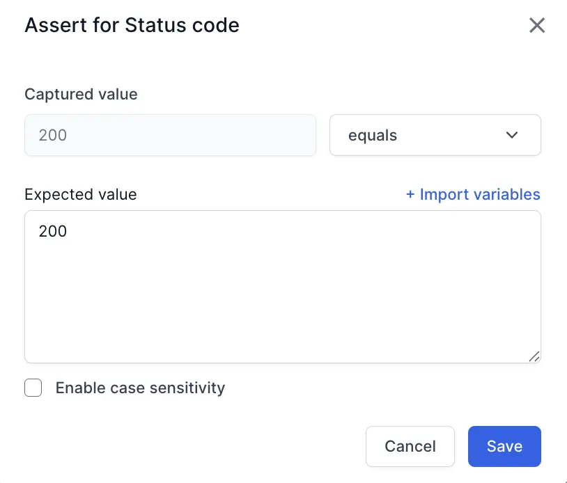 The Assert value dialog showing status code validation in the API response