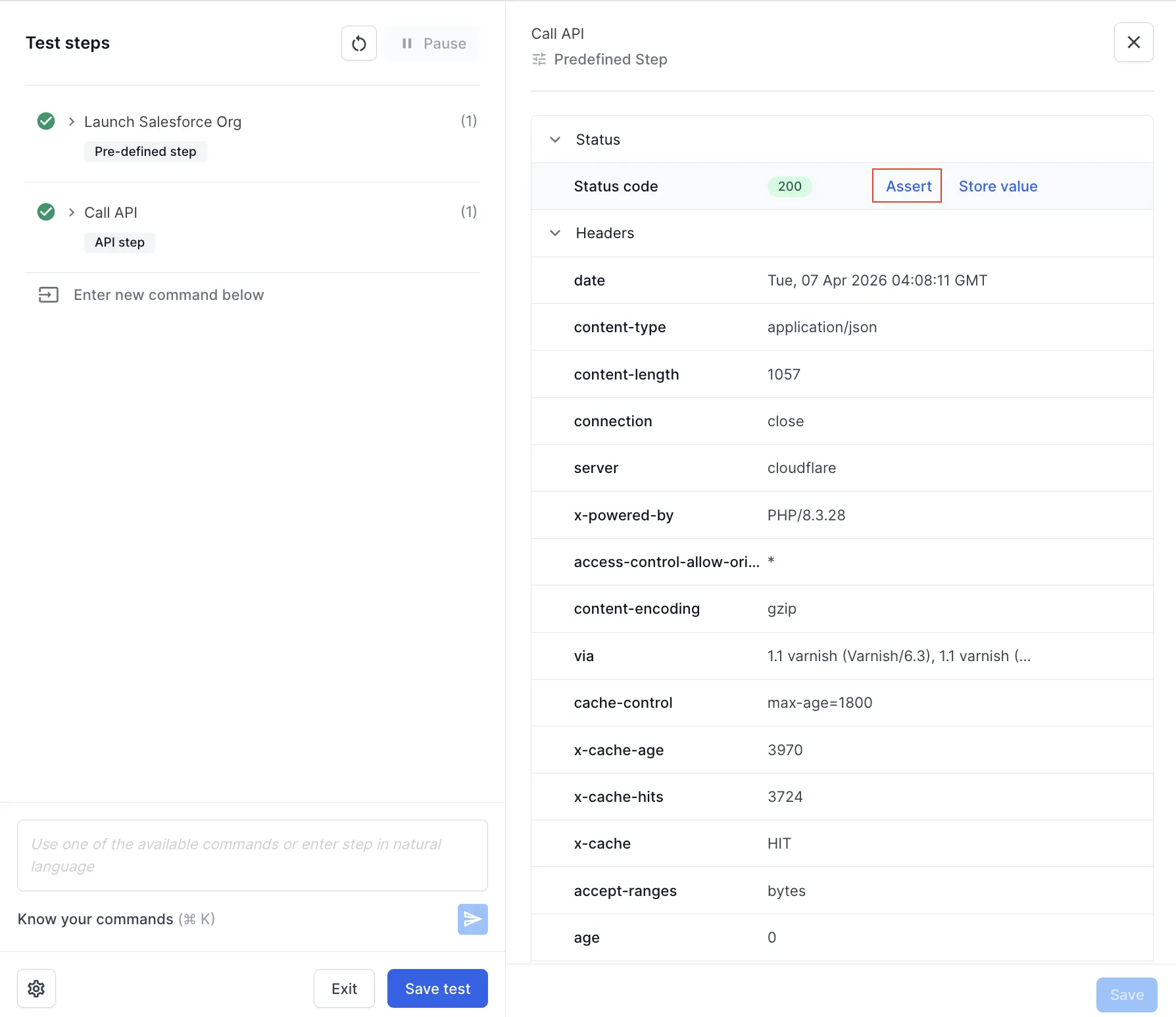 The API response showing the Assert button when hovering over a field value