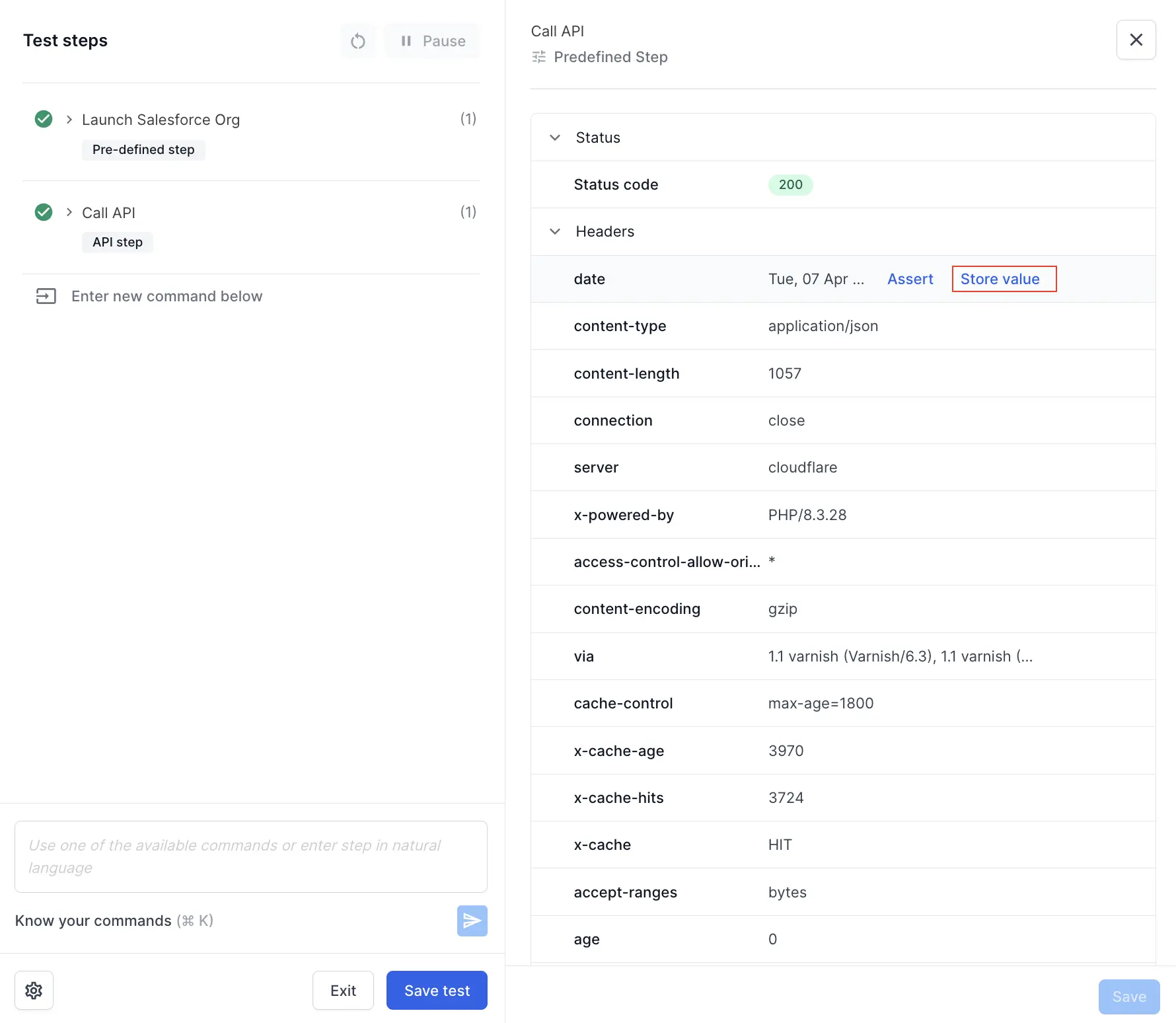 The API response showing the Store value button when hovering over a field value