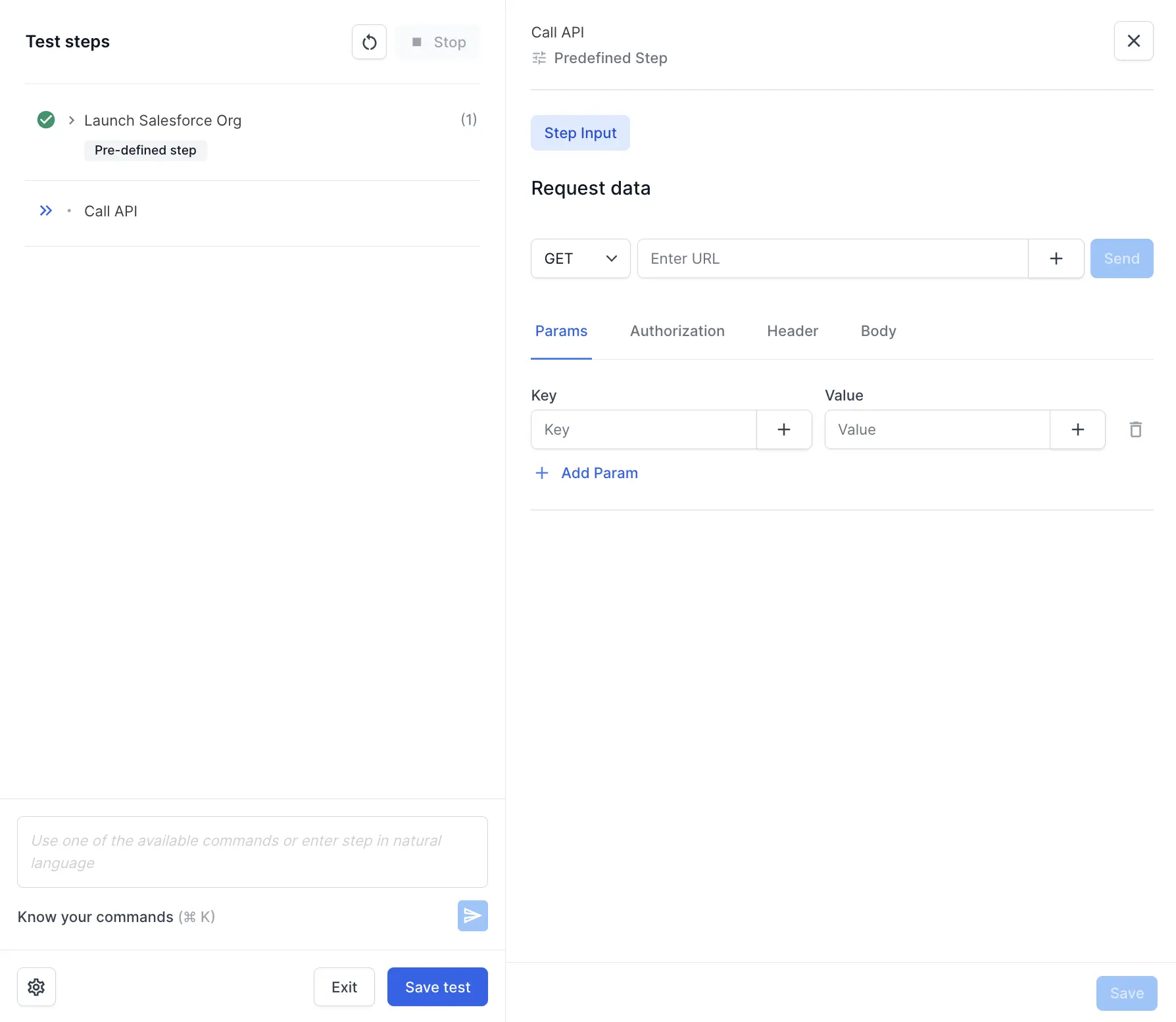 The API step configuration panel showing method dropdown and URL input field