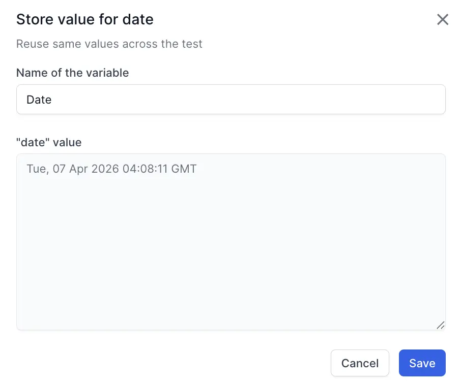 The Store value dialog showing variable name and JSON path