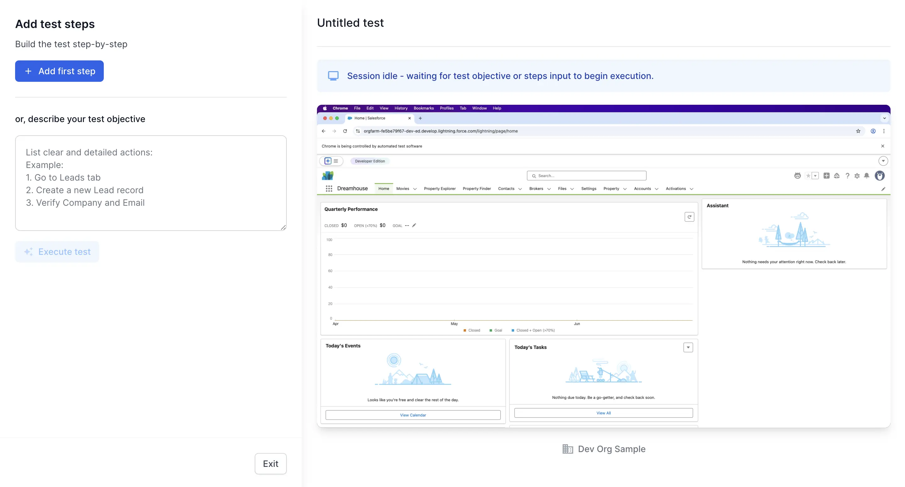 Test authoring interface showing command input and test steps panel