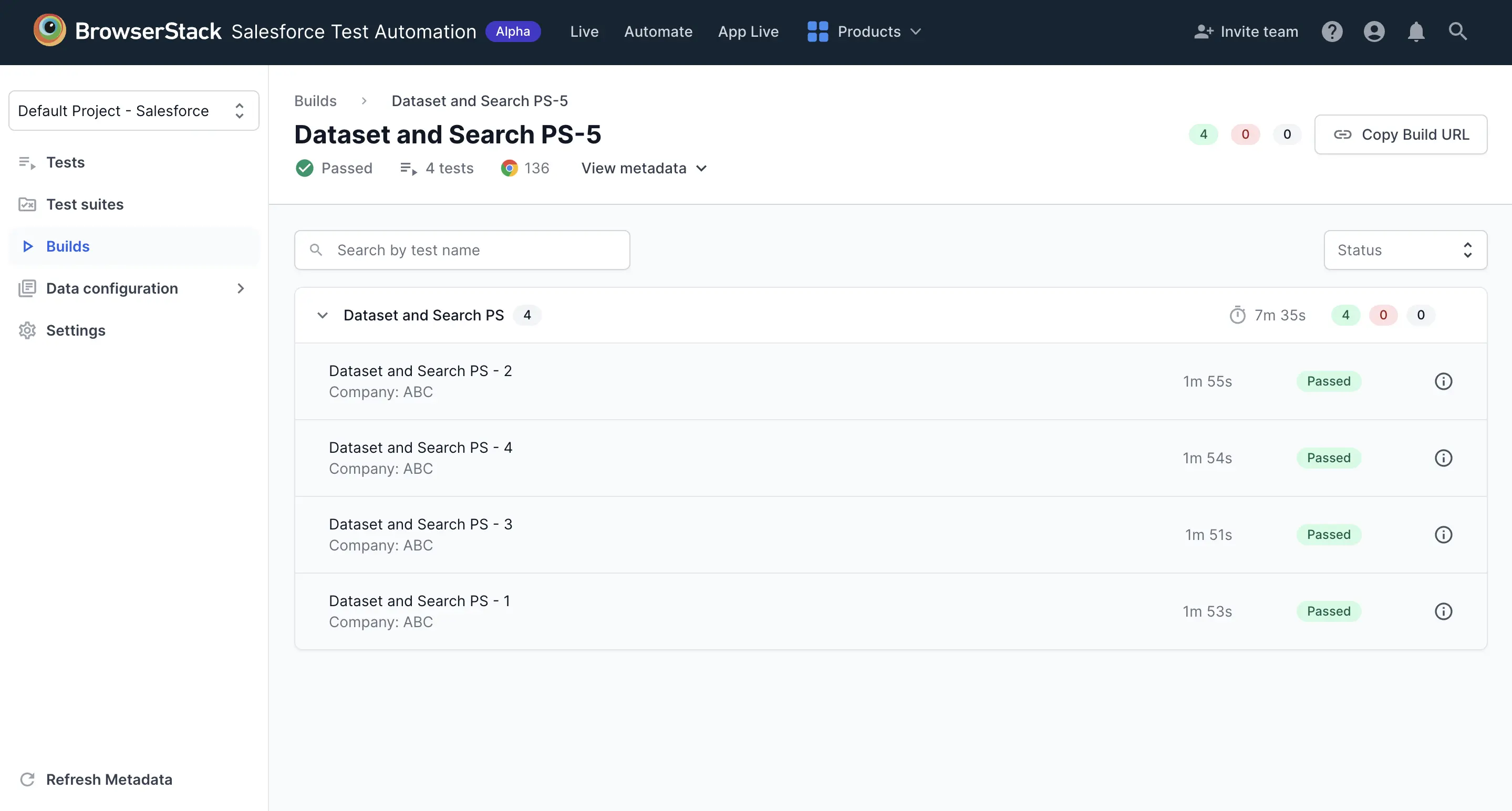 Build report page in Salesforce Test Automation showing build status, test results, filters, and navigation panel.