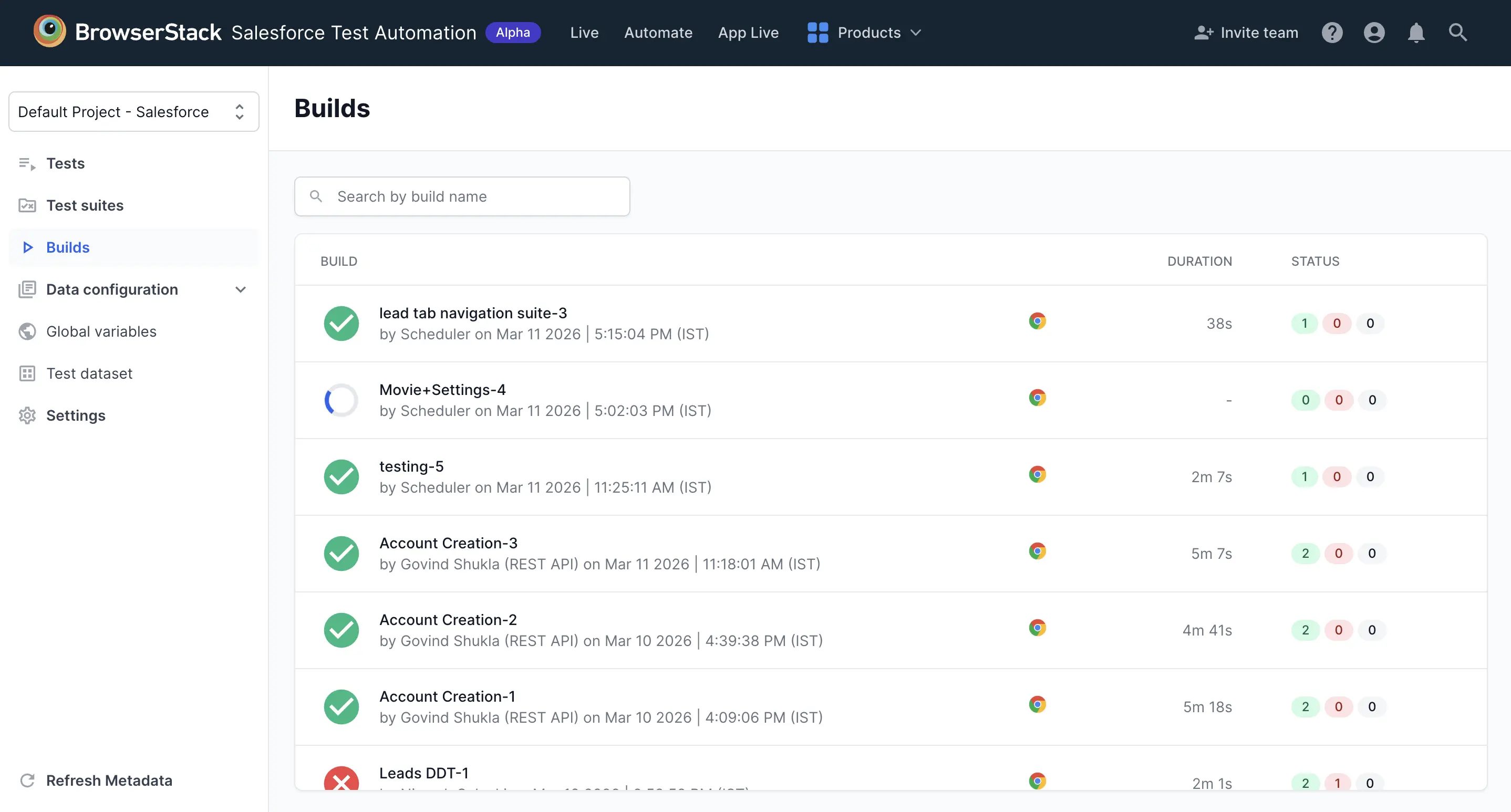 Builds page listing recent test builds with statuses, suite names, execution times, and debugging options