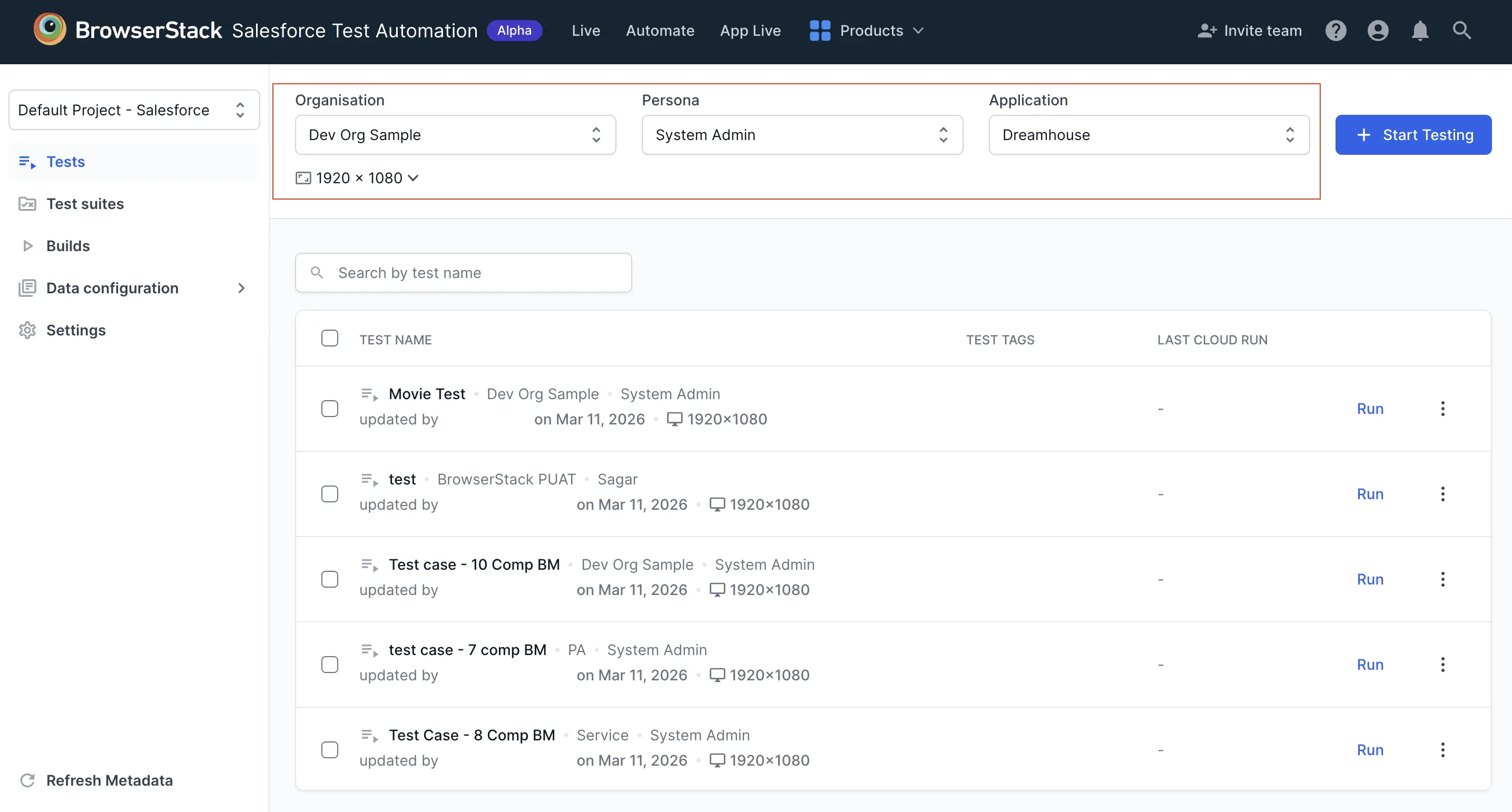 Salesforce Test Automation configuration page showing options for organization, persona, application, and screen resolution
