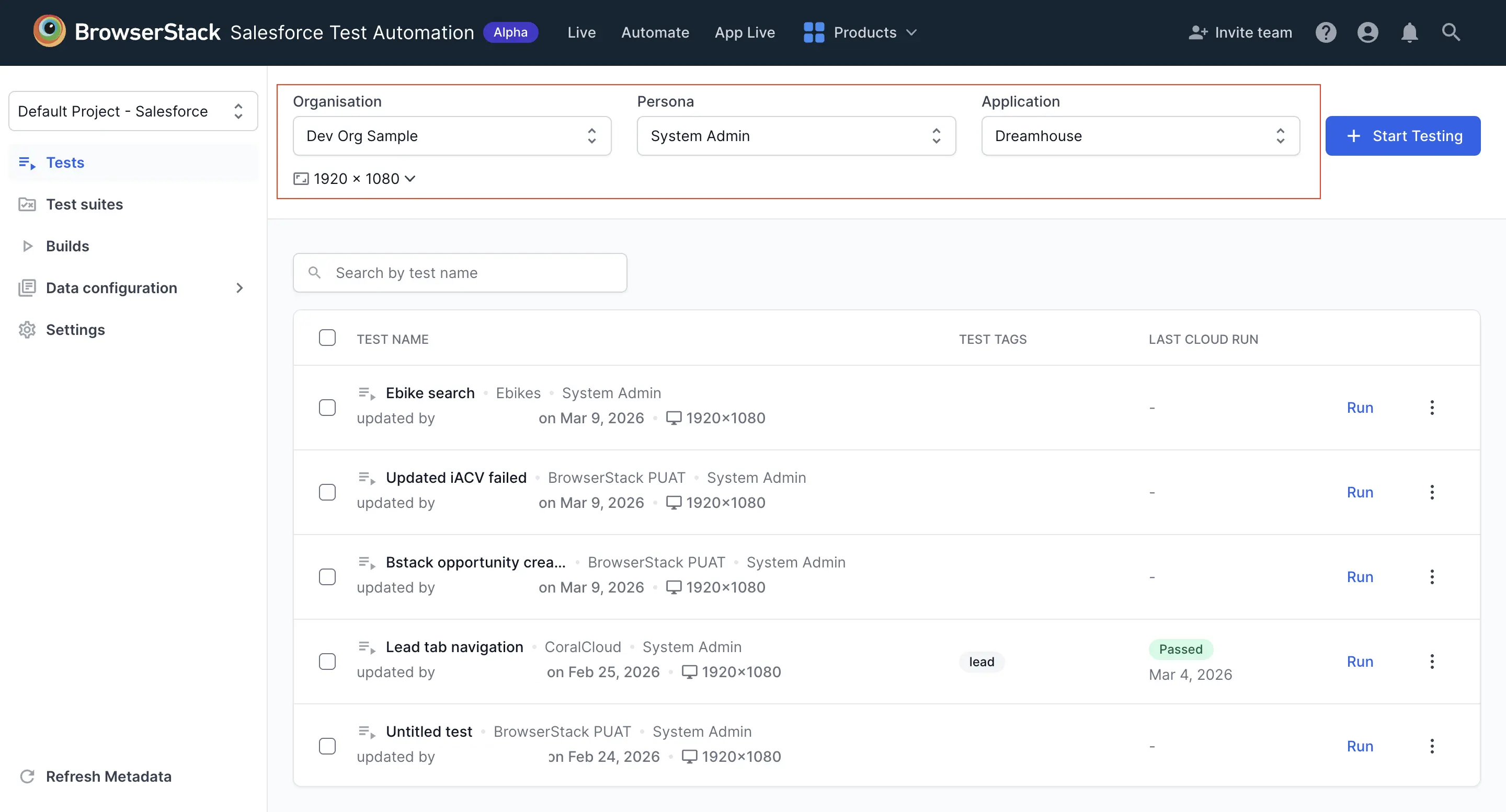 Configure your tests and start test