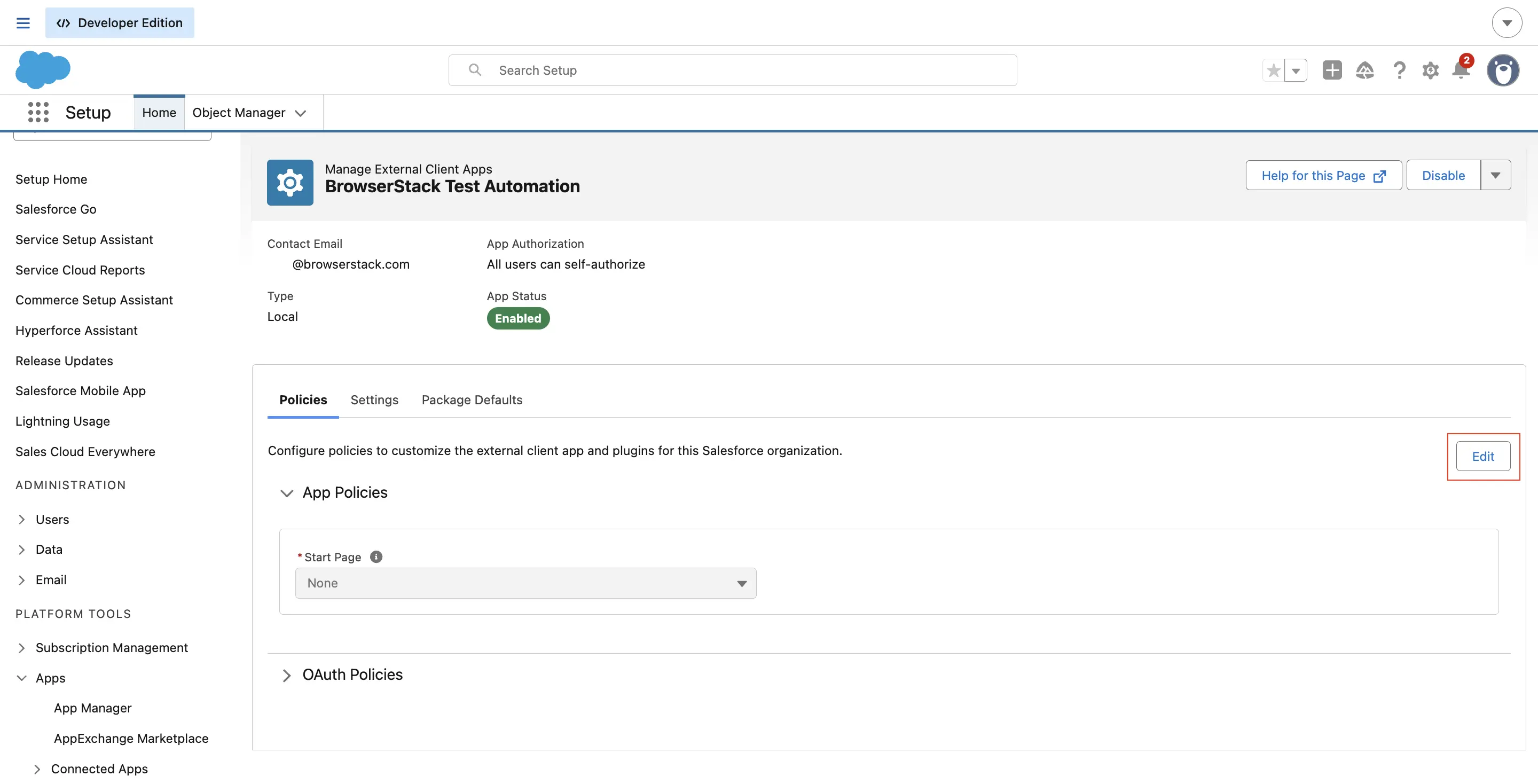 The External Client App page showing the Edit button in the Policies section