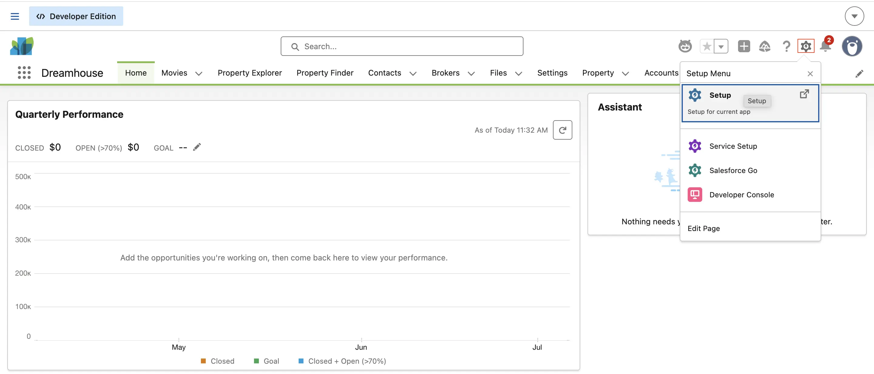 The Salesforce gear icon menu with Setup option highlighted