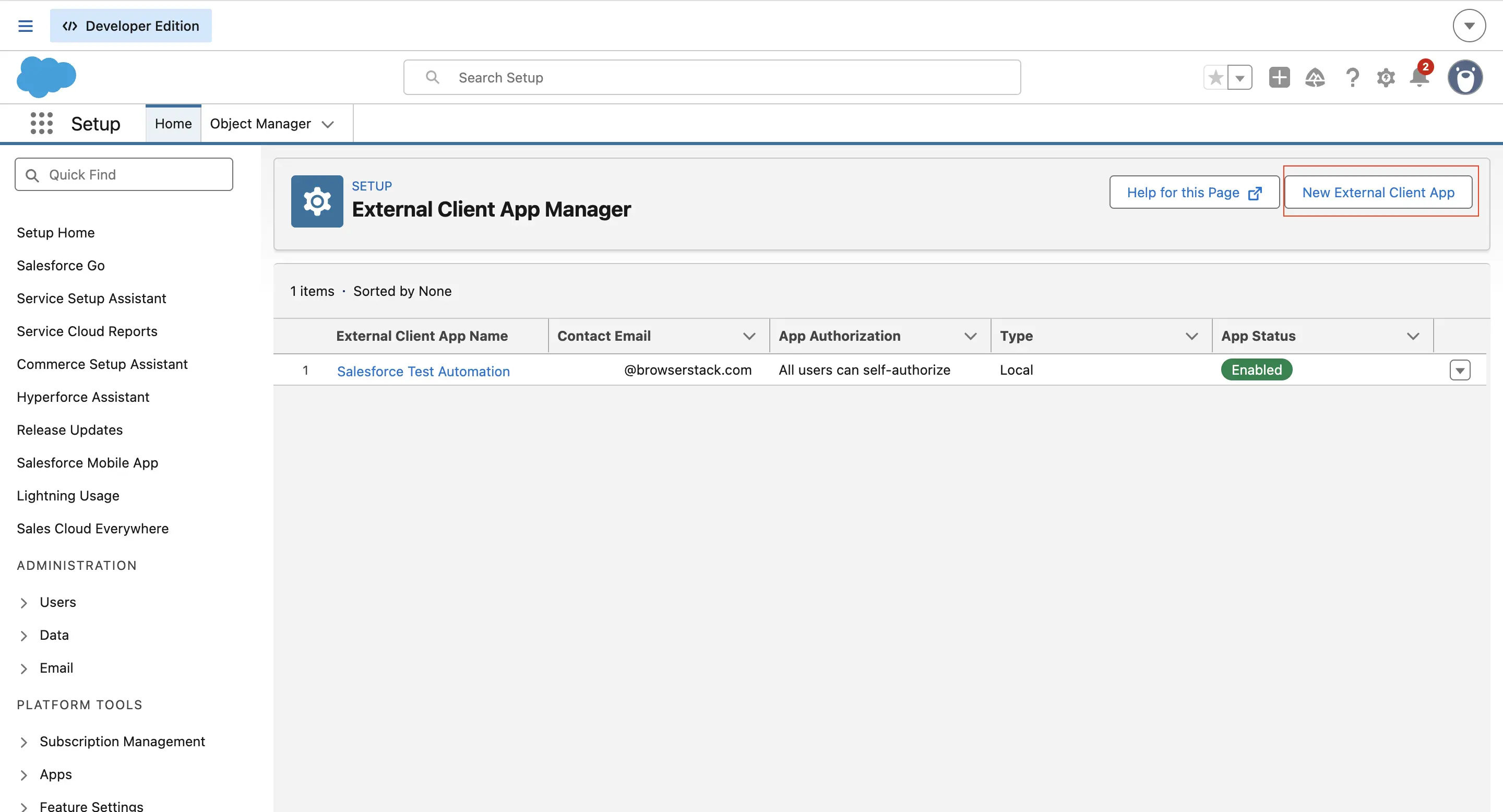 The External Client App Manager page with New External Client App button highlighted