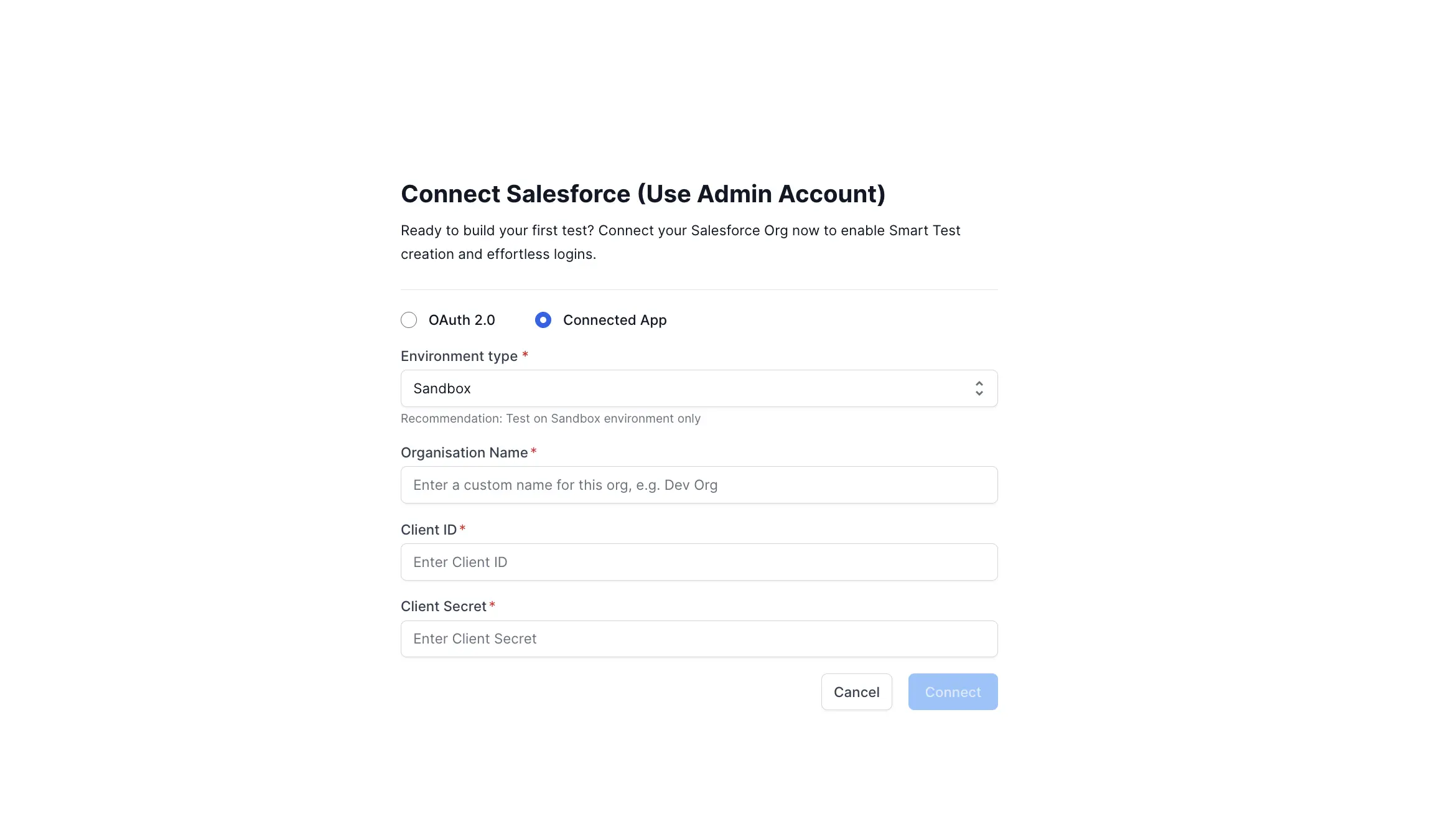 The Connect Salesforce screen showing Connected App option