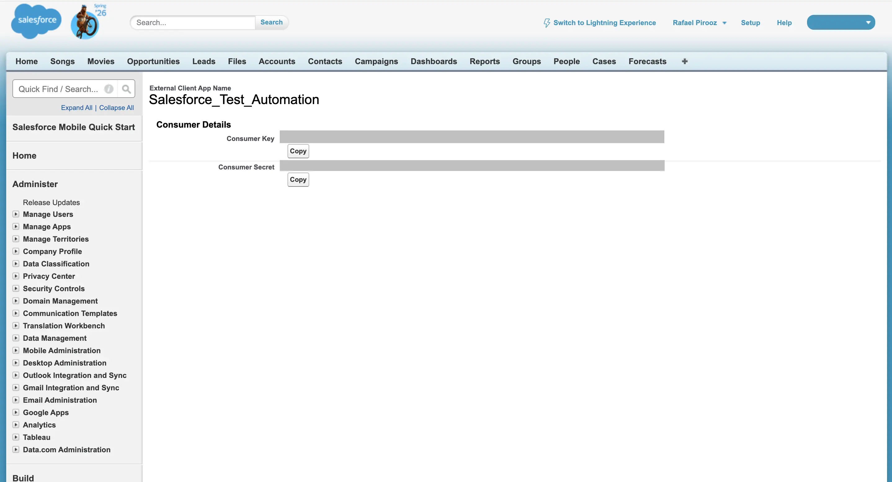 The Consumer Key and Consumer Secret values with Copy buttons