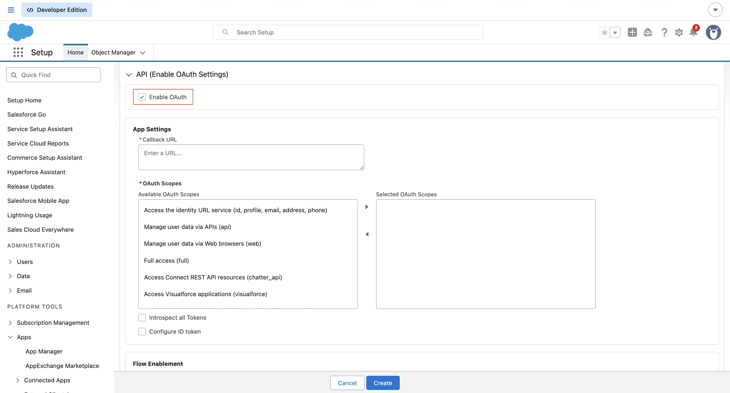 The API Enable OAuth Settings checkbox highlighted