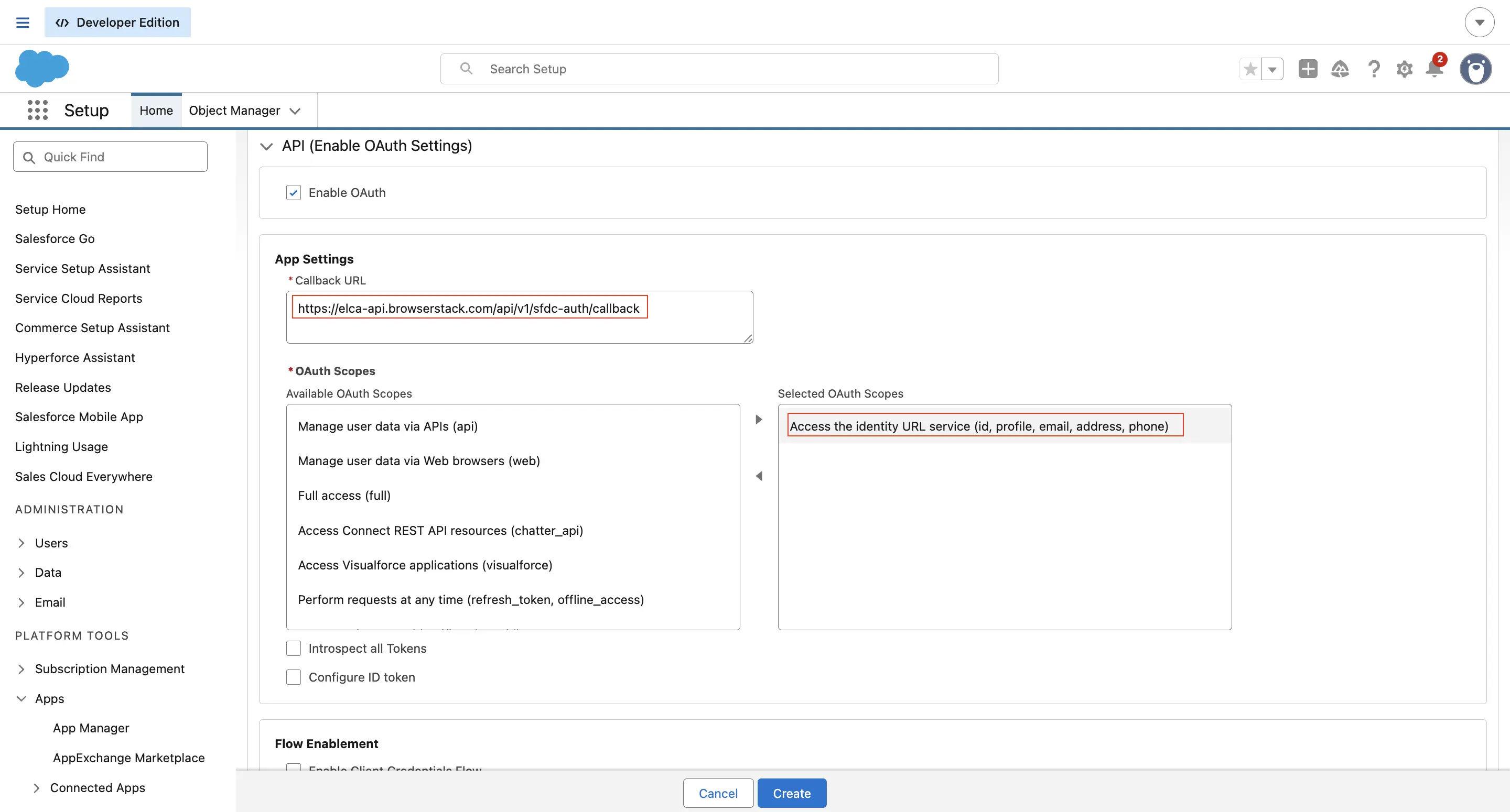The OAuth settings showing callback URL and selected OAuth scopes