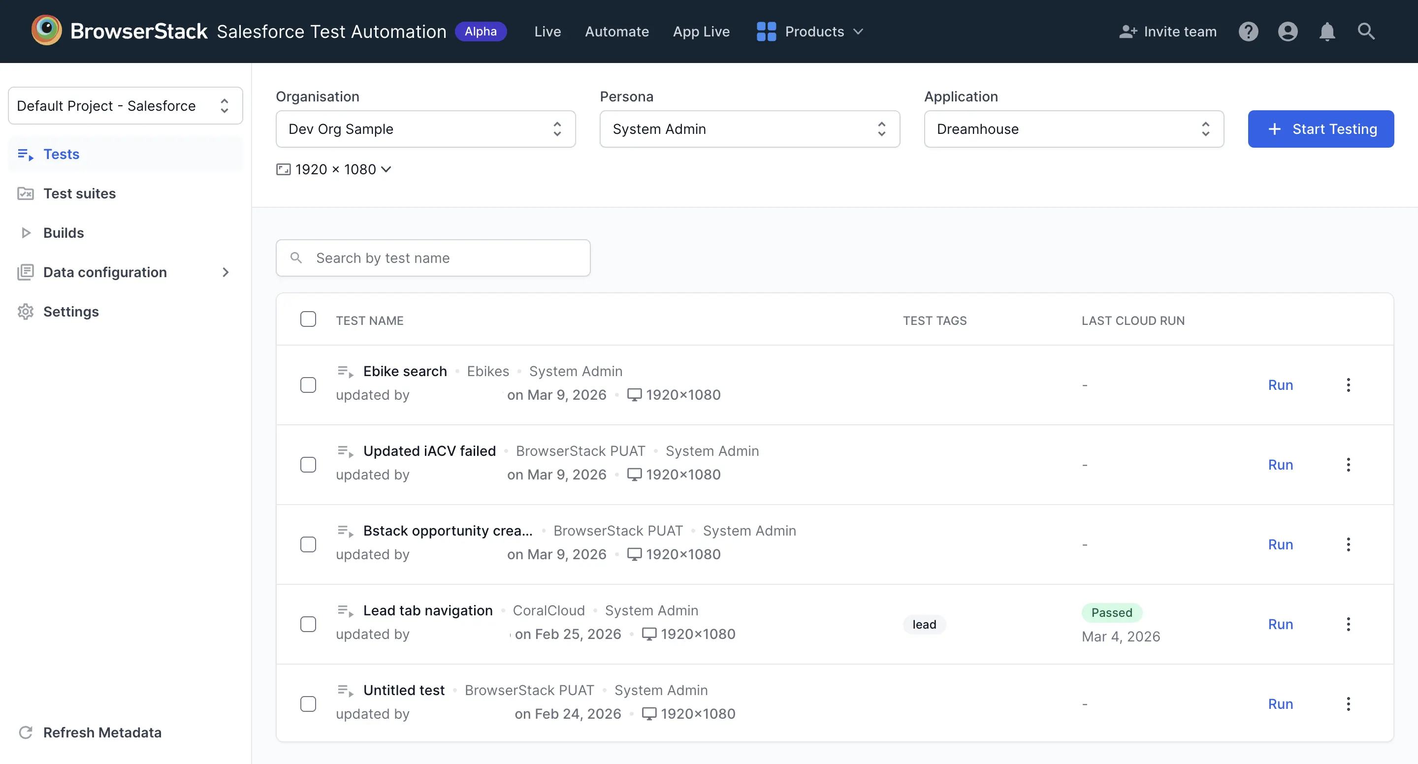 BrowserStack Salesforce Test Automation dashboard after logging in