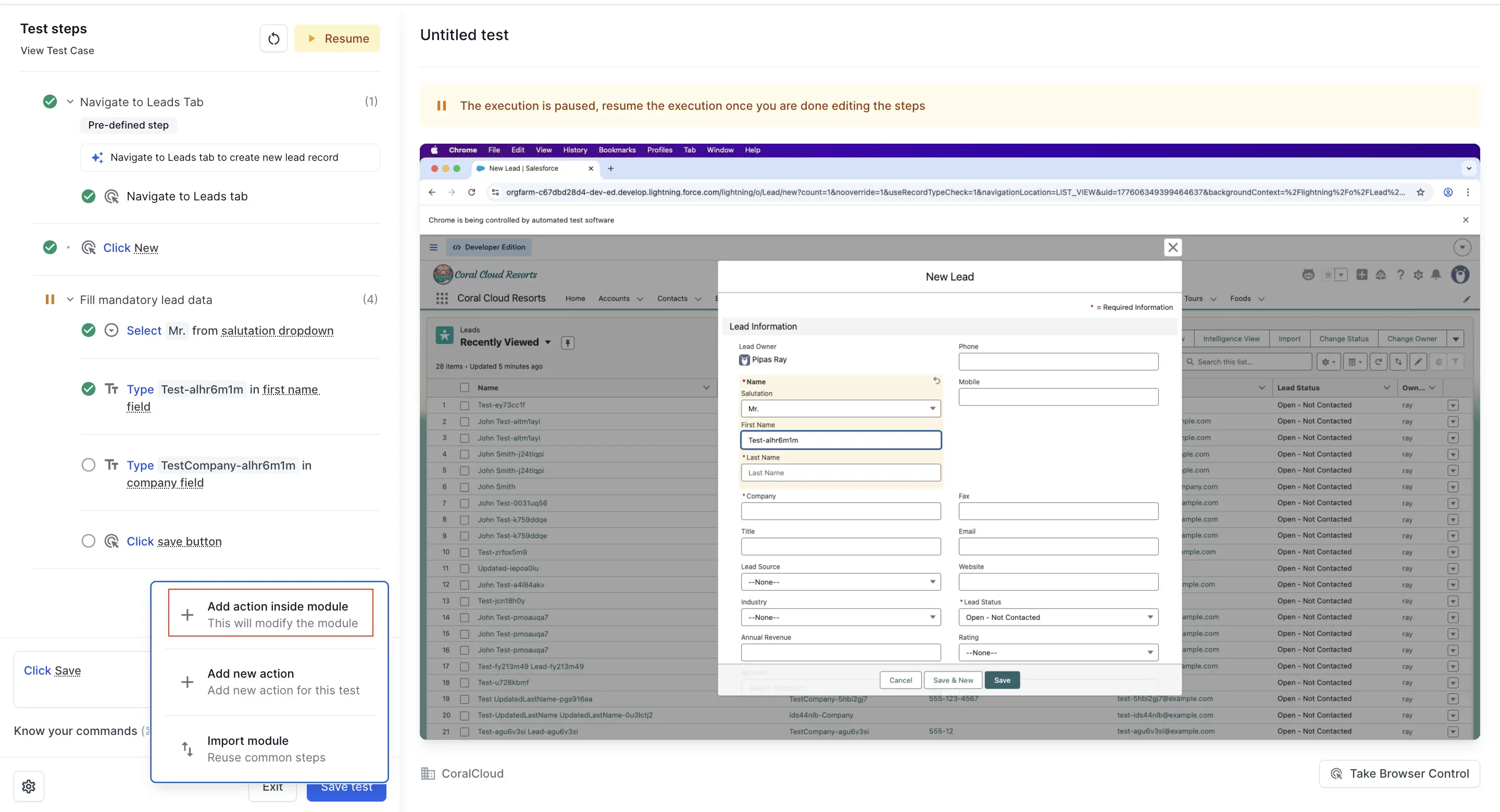 The action menu showing options to add new action, add action inside module, and import module