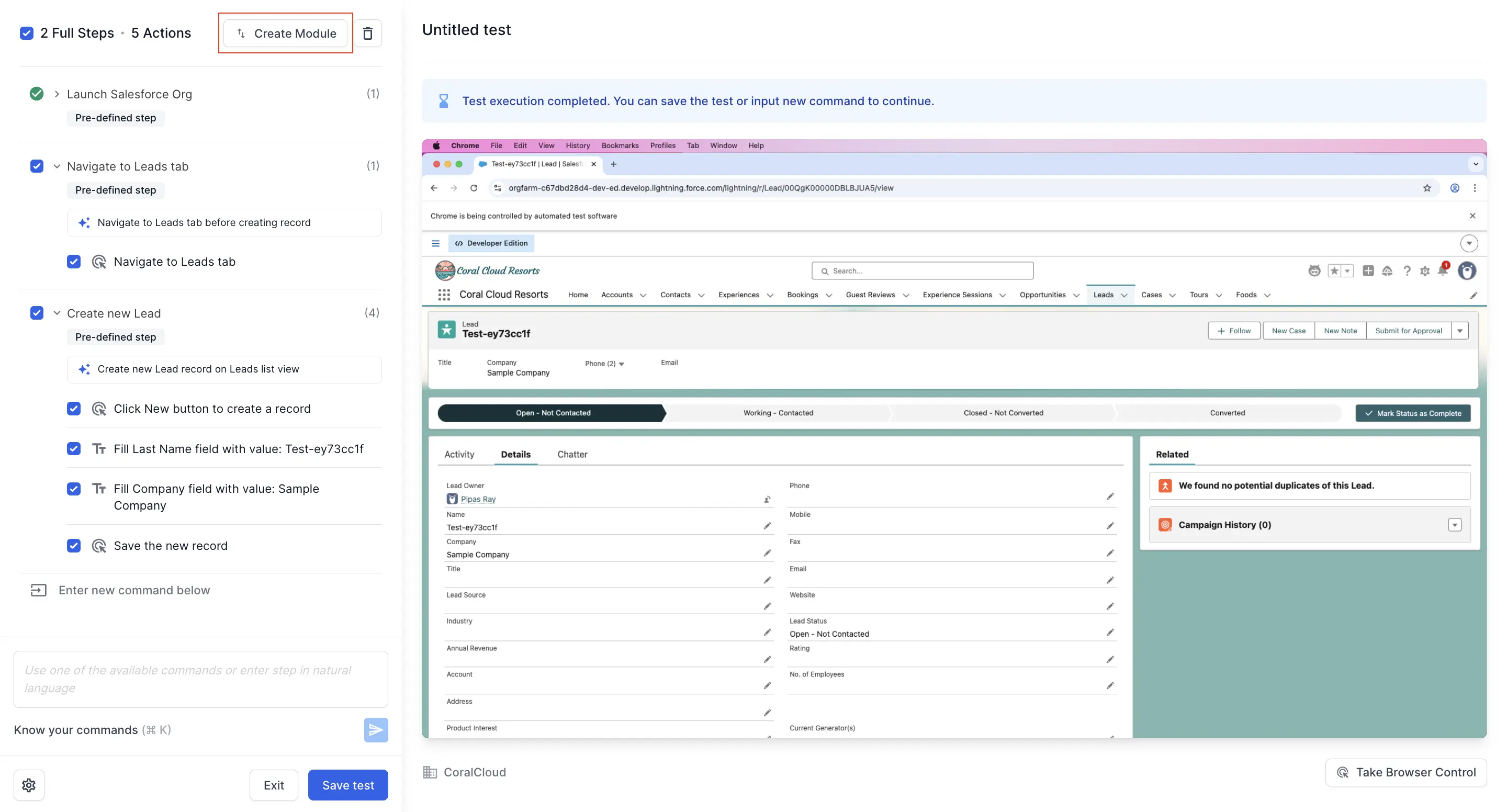 The Create Module button in the test recorder toolbar