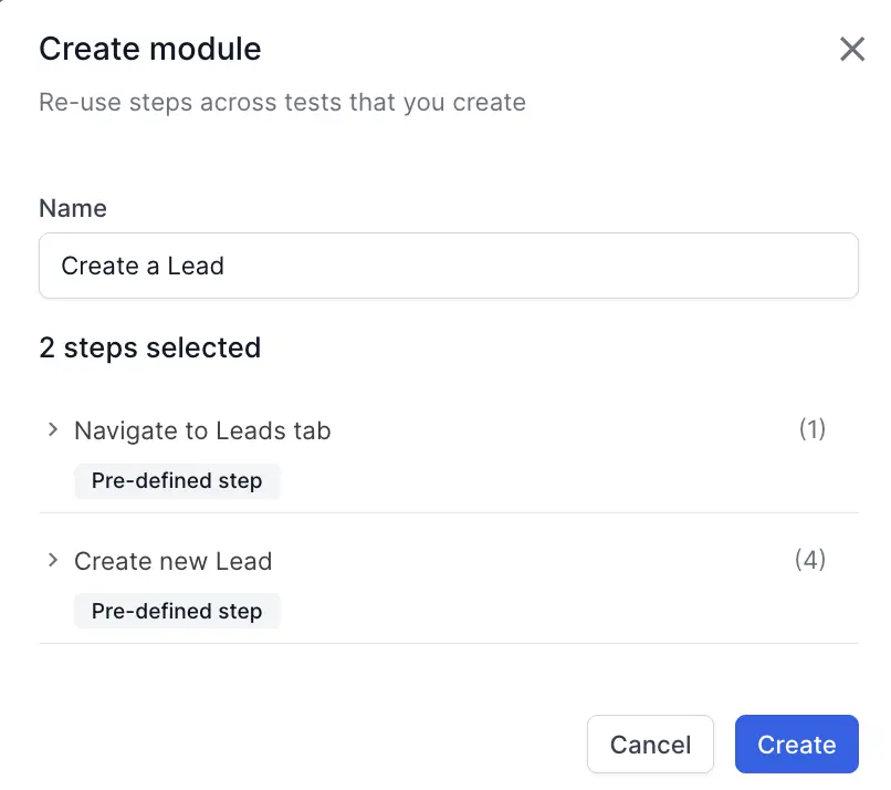 The Create module dialog showing module name input and selected steps