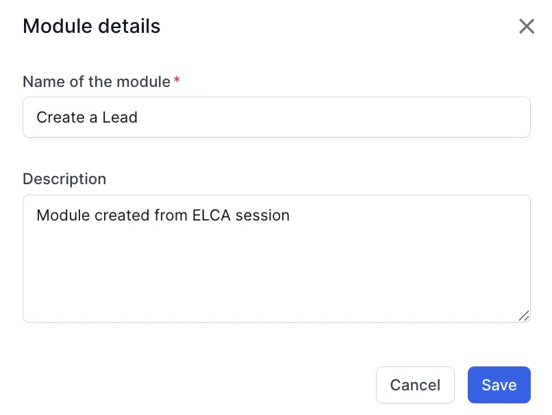 The Edit module dialog showing module name and description fields