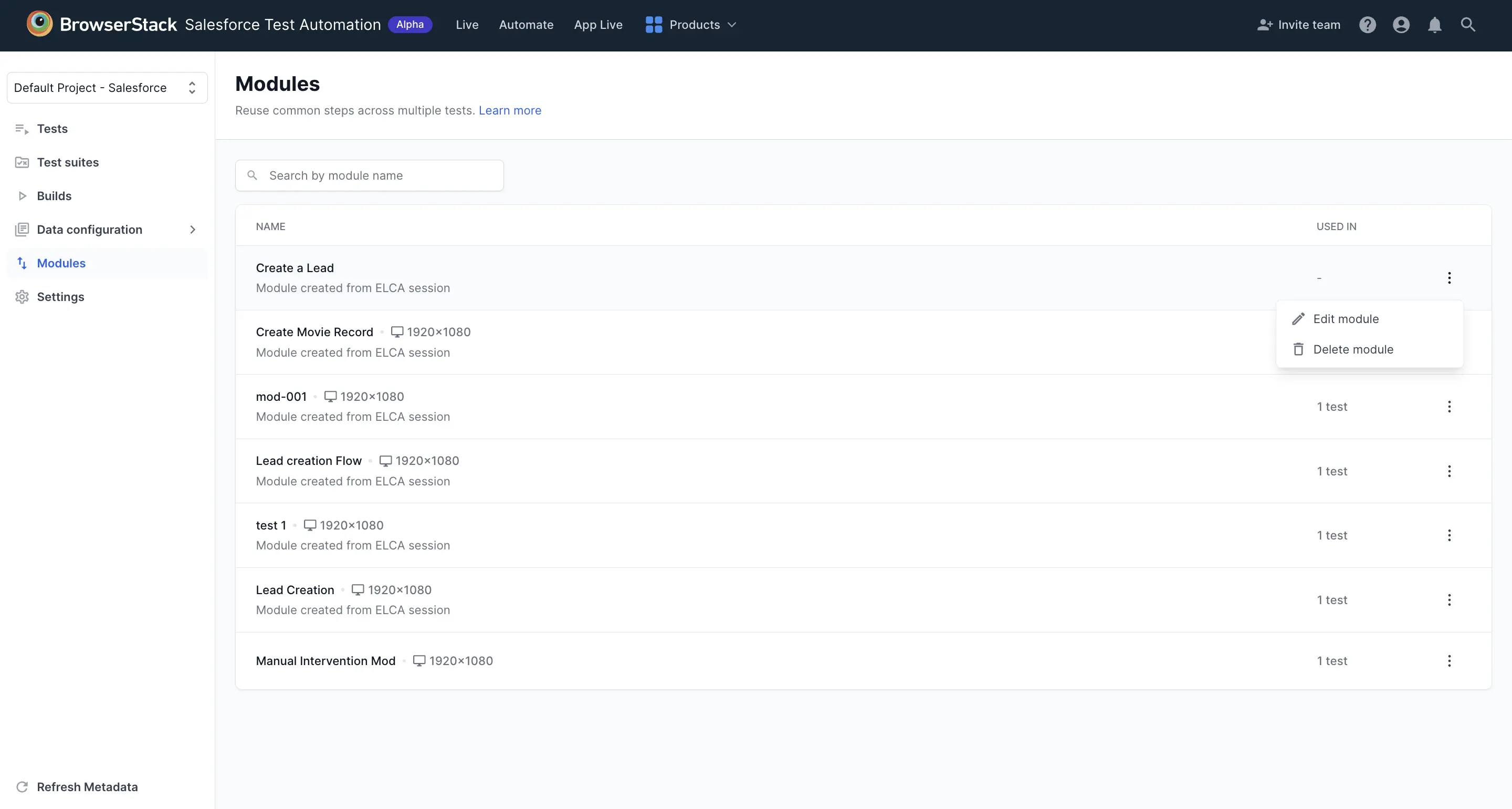 The modules list in Salesforce Test Automation showing the three-dot menu open with Edit module and Delete module options.